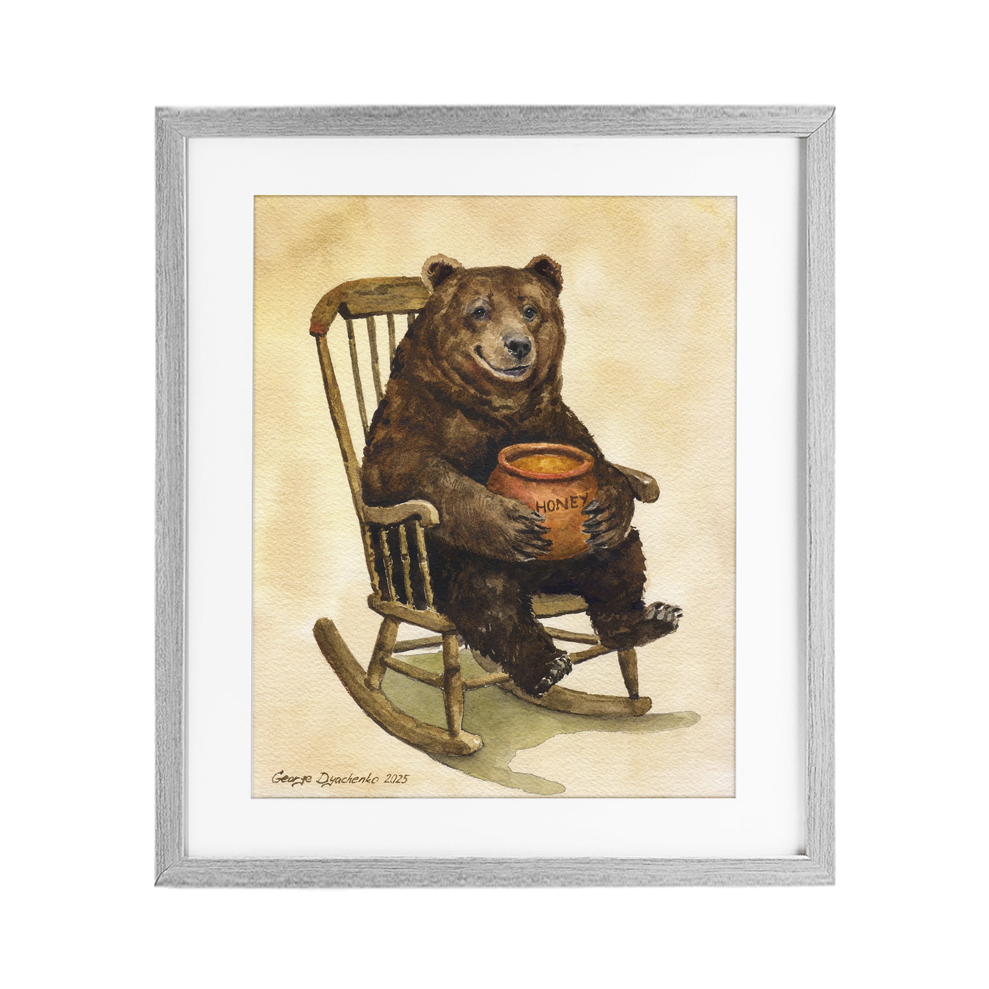 Stupell Industries Happy Bear & Pot of Honey Gray Framed Print Under Glass, design by George Dyachenko