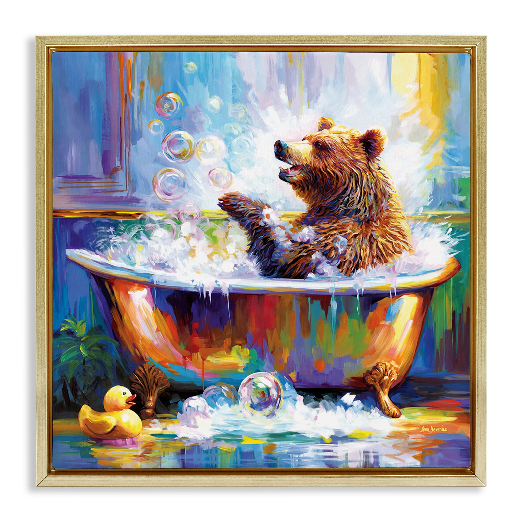 Stupell Industries Happy Bear in Bathtub Bath & Laundry Painting Gold Floater Framed Canvas Art Print Wall Art, 25 x 25