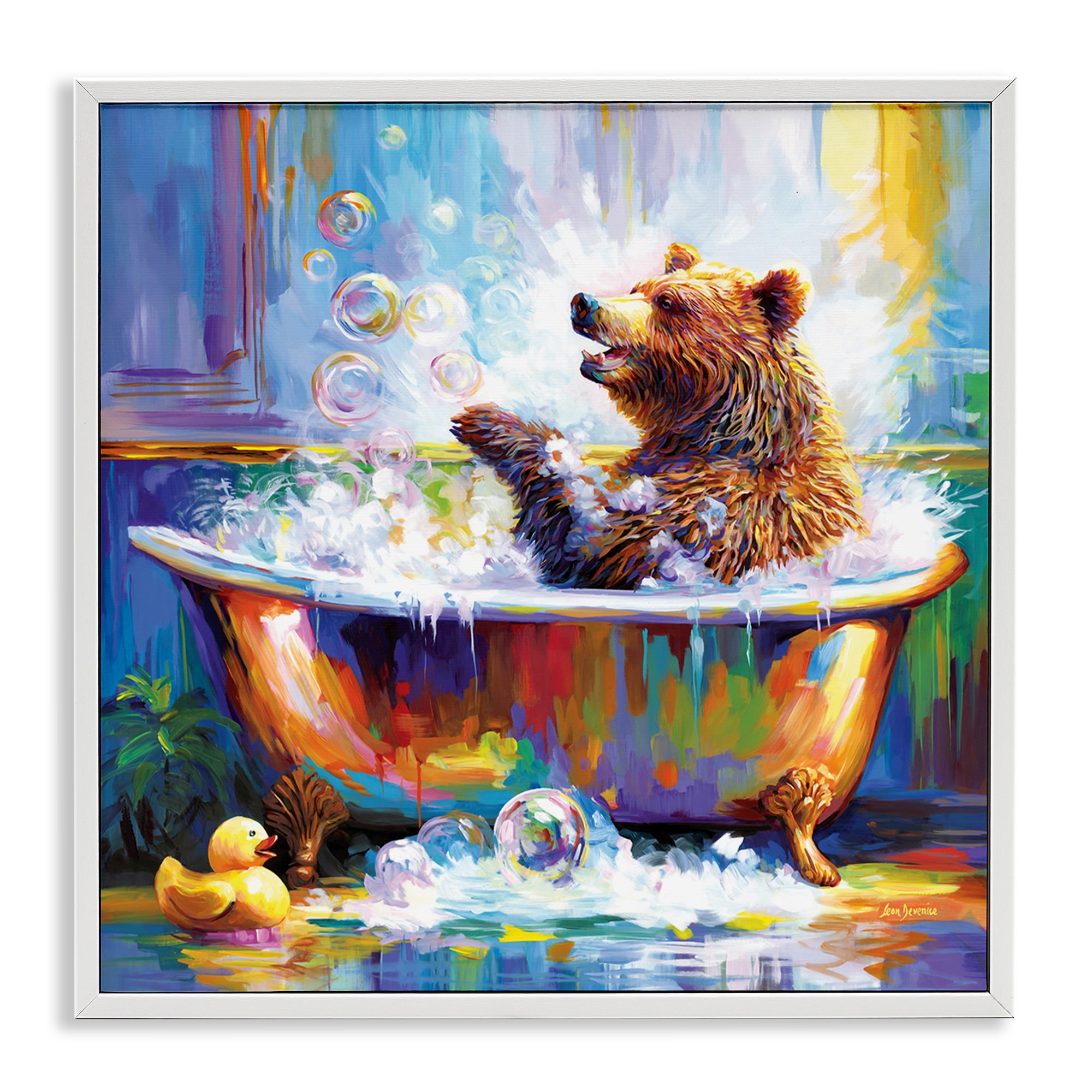 Stupell Industries Happy Bear in Bathtub Bath & Laundry Painting White Framed Art Print Wall Art, 12 x 12