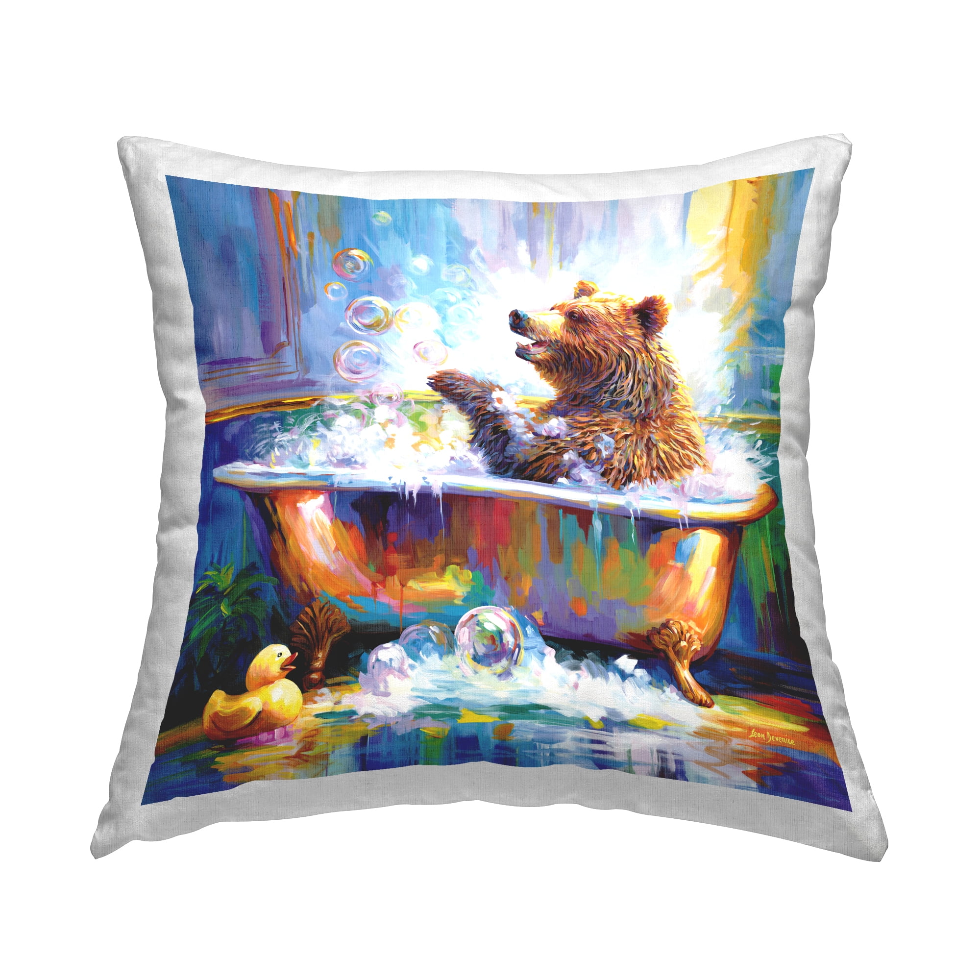 Stupell Industries Happy Bear in Bathtub Decorative Printed Throw Pillow Design by Leon Devenice.