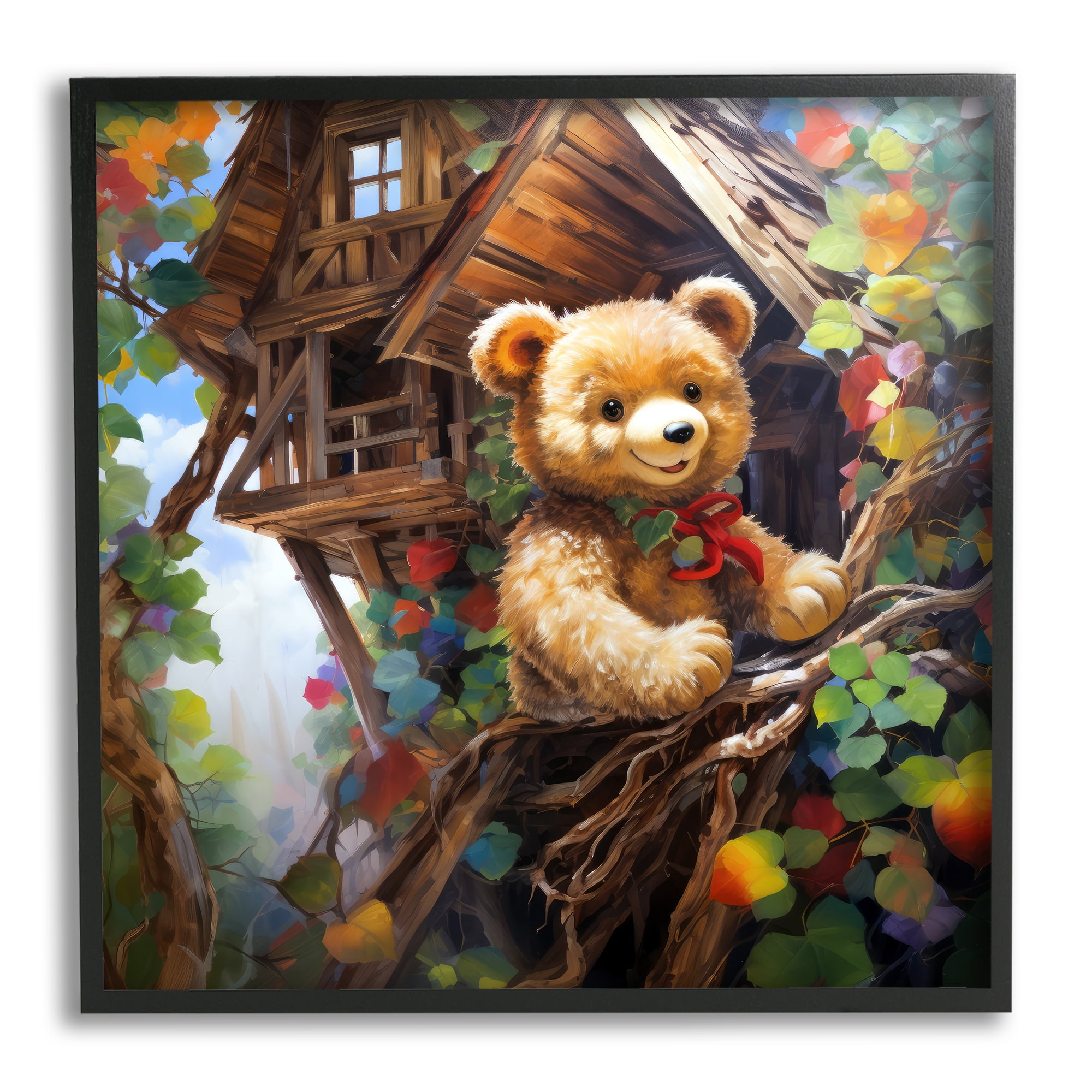 Stupell Industries Happy Bear in Tree House Animals & Insects Painting Black Framed Art Print Wall Art, 17 x 17