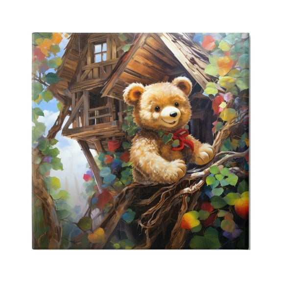 Stupell Industries Happy Bear in Tree House Animals & Insects Painting Gallery Wrapped Canvas Art Print Wall Art, 17 x 17