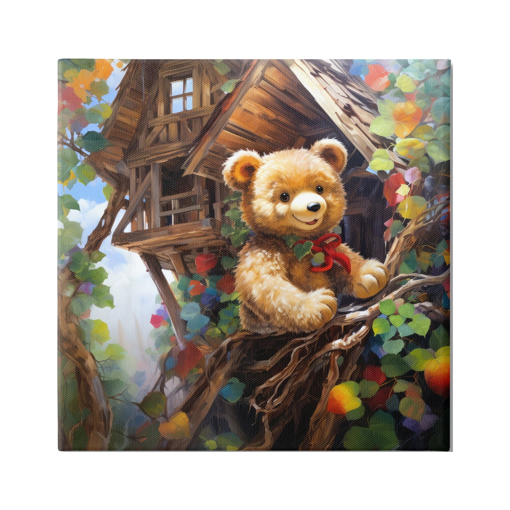 Stupell Industries Happy Bear in Tree House Animals & Insects Painting Gallery Wrapped Canvas Art Print Wall Art, 30 x 30