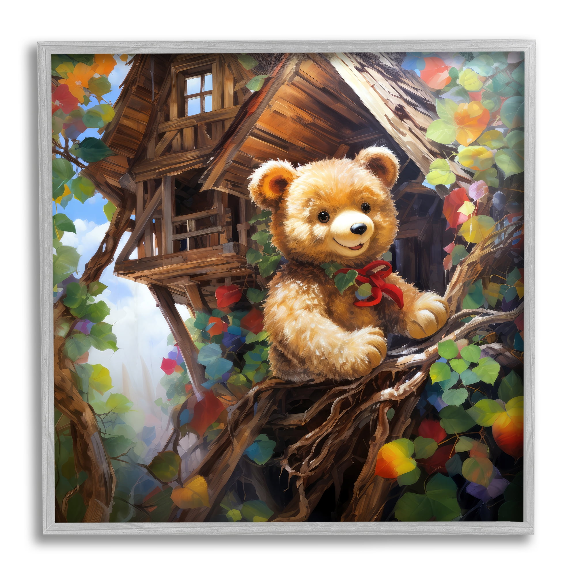 Stupell Industries Happy Bear in Tree House Animals & Insects Painting Gray Framed Art Print Wall Art, 12 x 12