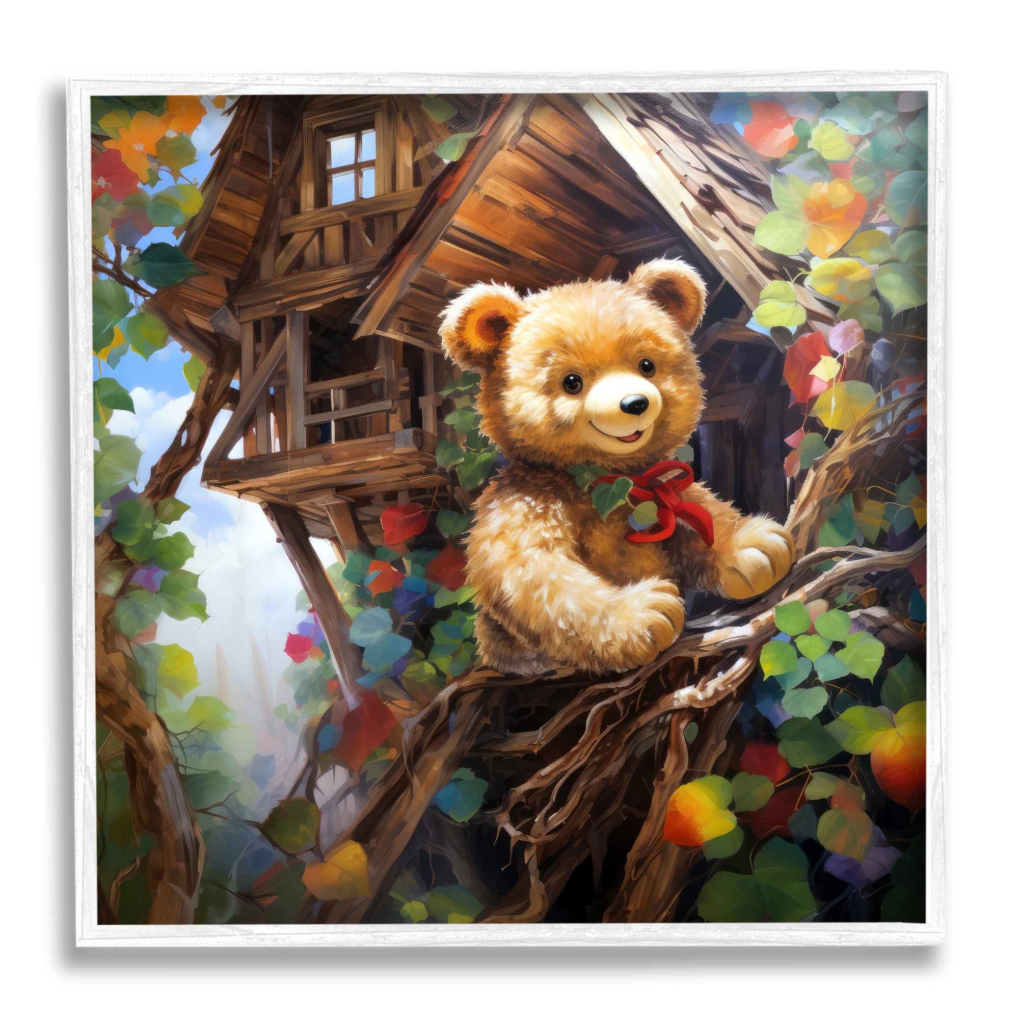 Stupell Industries Happy Bear in Tree House Animals & Insects Painting White Framed Art Print Wall Art, 17 x 17