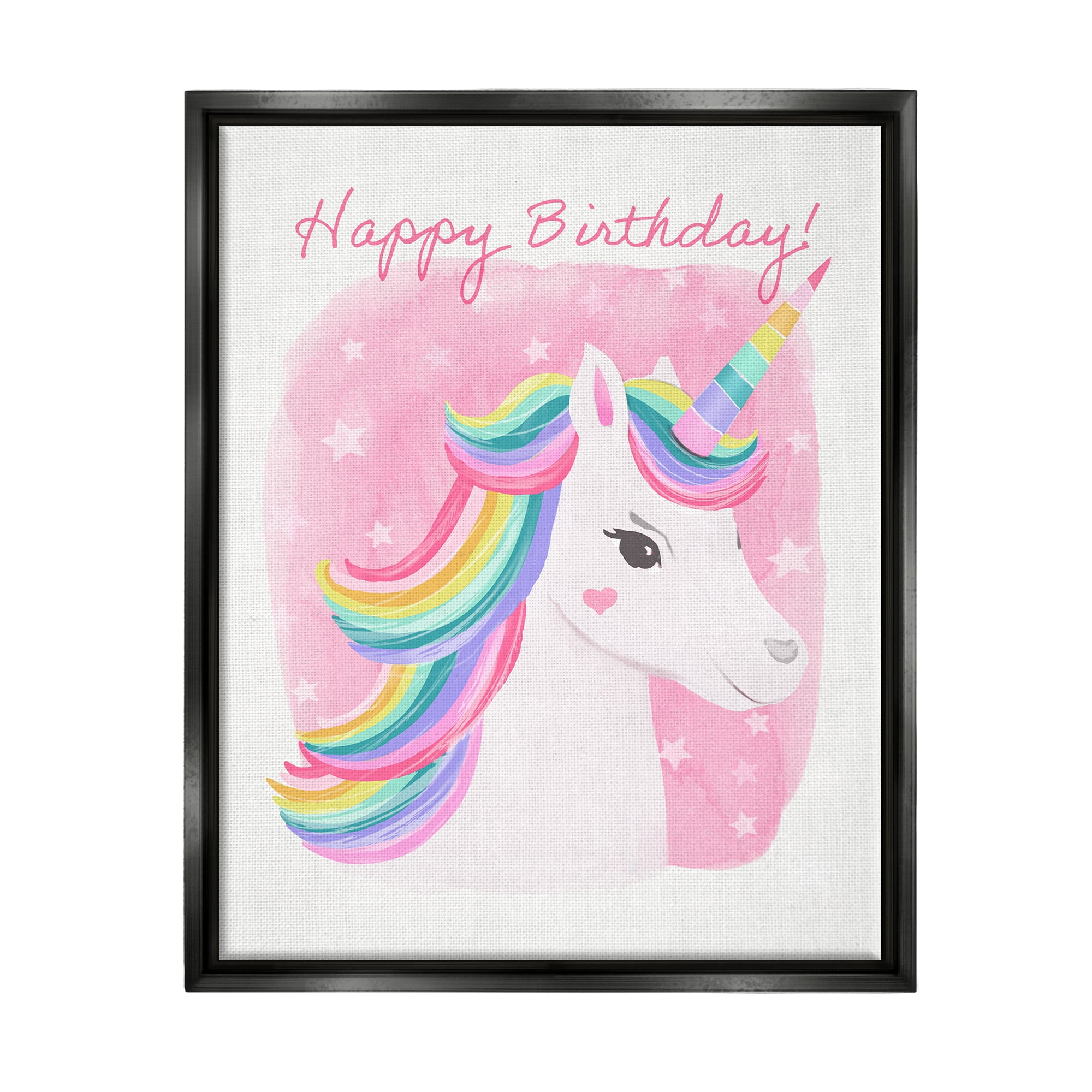 Stupell Industries Happy Birthday Unicorn Fairy Tales & Fantasy Painting Black Floater Framed Art Print Wall Art, 17 x 21