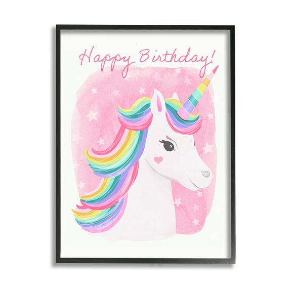 Stupell Industries Happy Birthday Unicorn Fairy Tales & Fantasy Painting Black Framed Art Print Wall Art, 11 x 14