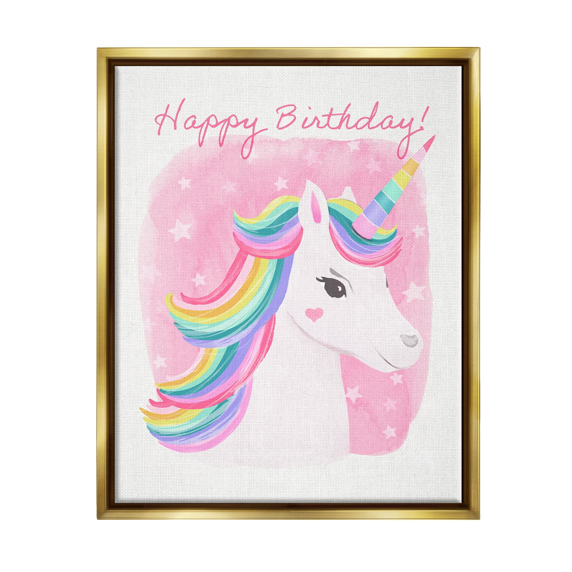 Stupell Industries Happy Birthday Unicorn Fairy Tales & Fantasy Painting Gold Floater Framed Art Print Wall Art, 25 x 31