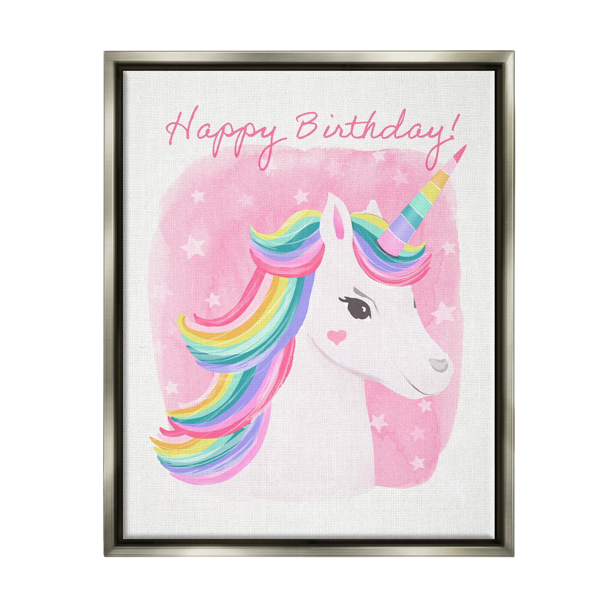 Stupell Industries Happy Birthday Unicorn Fairy Tales & Fantasy Painting Gray Floater Framed Art Print Wall Art, 17 x 21