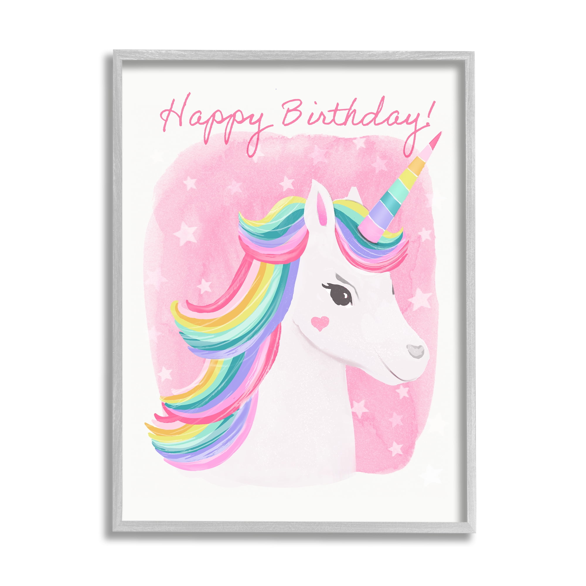 Stupell Industries Happy Birthday Unicorn Fairy Tales & Fantasy Painting Gray Framed Art Print Wall Art, 24 x 30