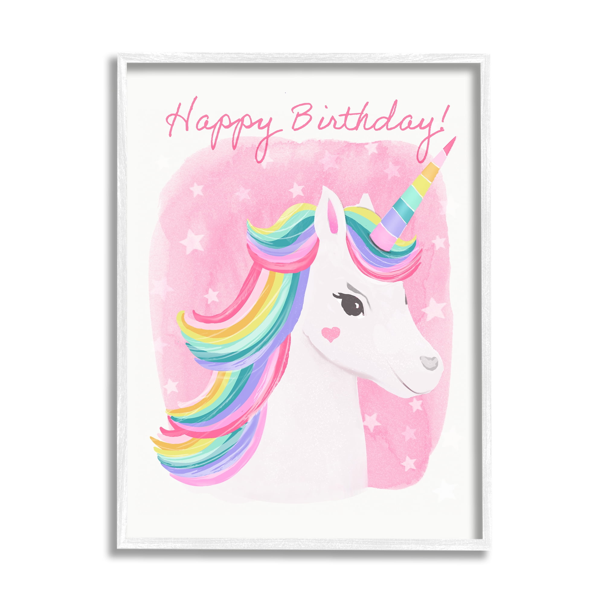 Stupell Industries Happy Birthday Unicorn Fairy Tales & Fantasy Painting White Framed Art Print Wall Art, 16 x 20