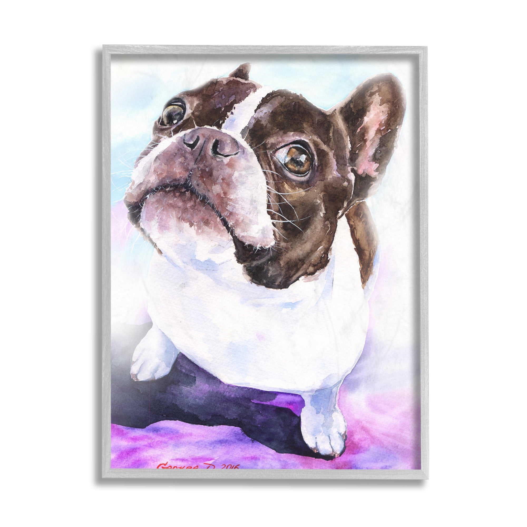Stupell Industries Happy Boston Terrier Pet Dog Portrait Black Purple Grey Framed, 16 x 20, Design by George Dyachenko
