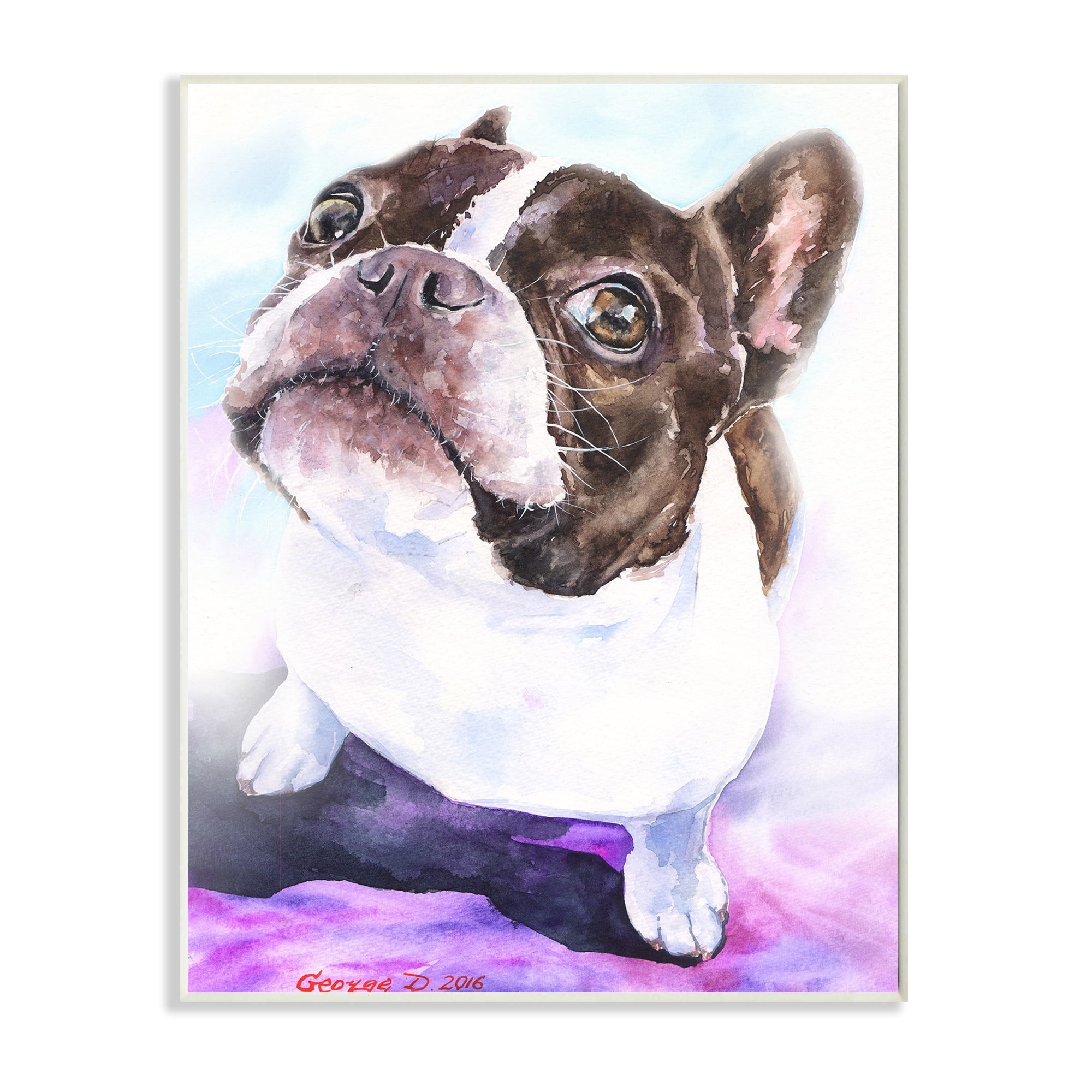 Stupell Industries Happy Boston Terrier Pet Dog Portrait Black Purple Wall Plaque, 10 x 15, Design by George Dyachenko