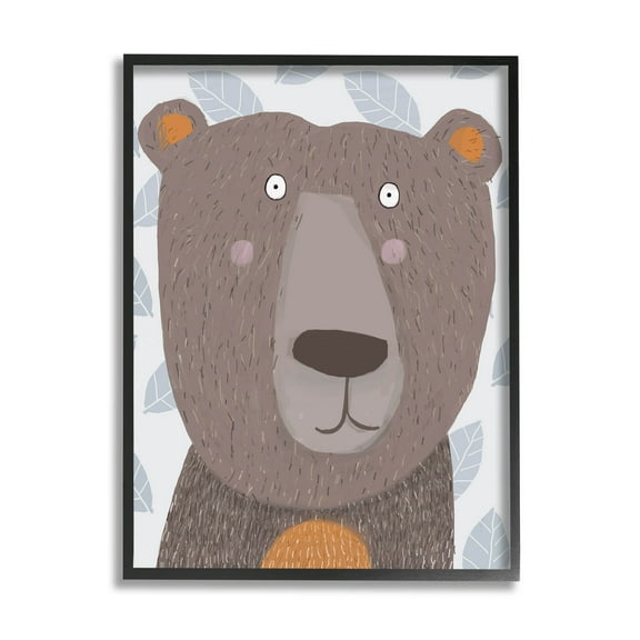 Stupell Industries Happy Brown Bear Leaf Pattern Graphic Art Black Framed Art Print Wall Art, Design by Carla Daly