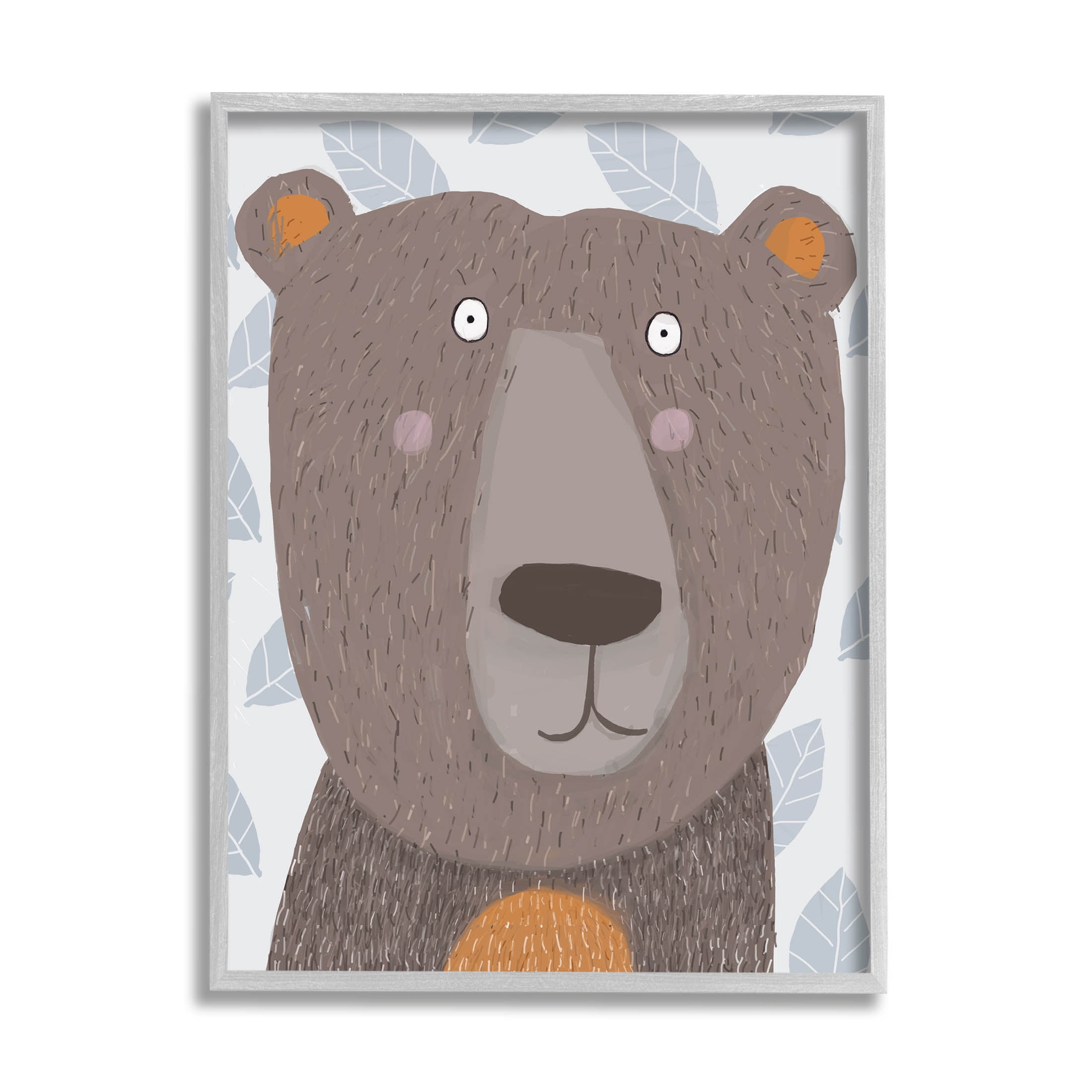 Stupell Industries Happy Brown Bear Leaf Pattern Graphic Art Gray Framed Art Print Wall Art, Design by Carla Daly