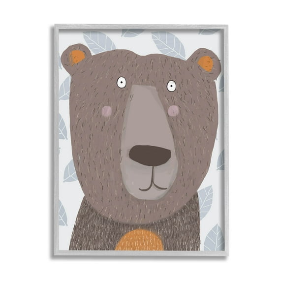 Stupell Industries Happy Brown Bear Leaf Pattern Graphic Art Gray Framed Art Print Wall Art, Design by Carla Daly