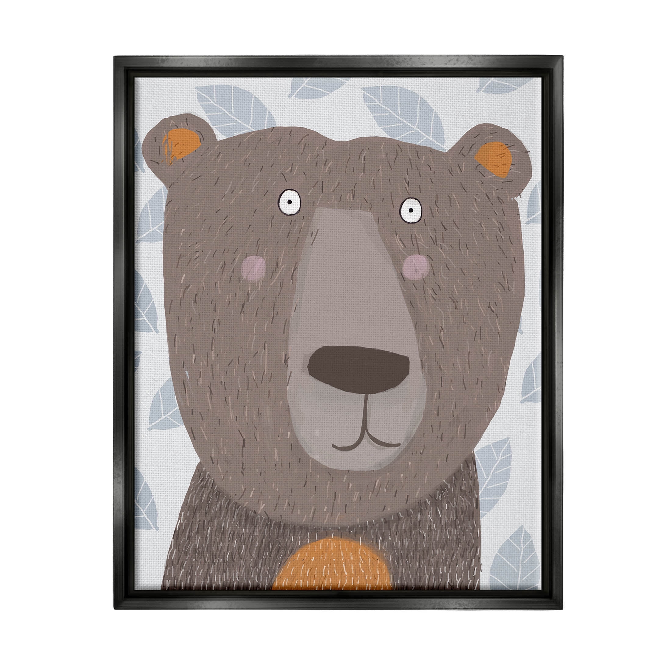 Stupell Industries Happy Brown Bear Leaf Pattern Graphic Art Jet Black Floating Framed Canvas Print Wall Art, Design by Carla Daly