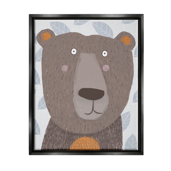 Stupell Industries Happy Brown Bear Leaf Pattern Graphic Art Jet Black Floating Framed Canvas Print Wall Art, Design by Carla Daly