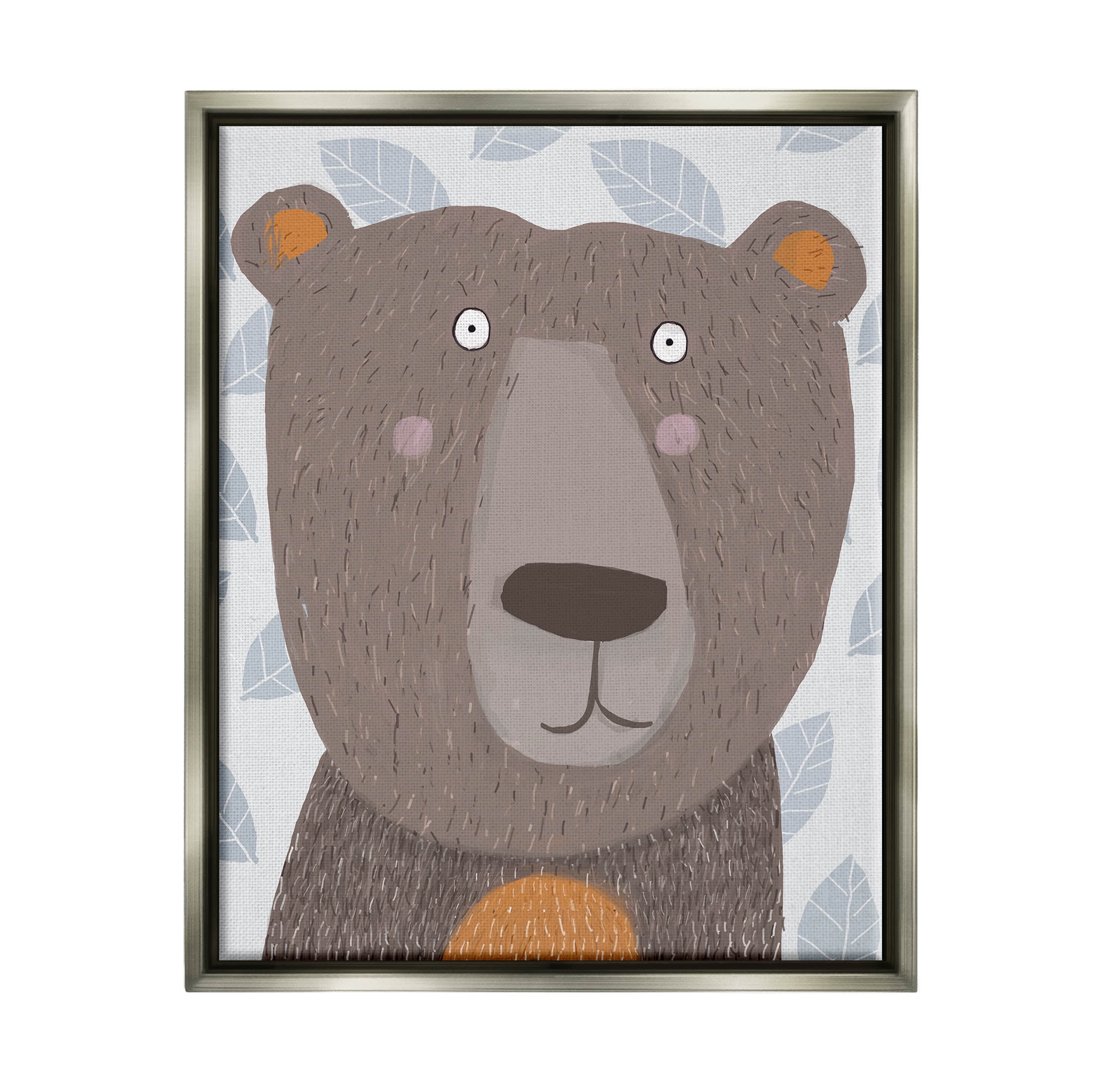 Stupell Industries Happy Brown Bear Leaf Pattern Graphic Art Luster Gray Floating Framed Canvas Print Wall Art, Design by Carla Daly