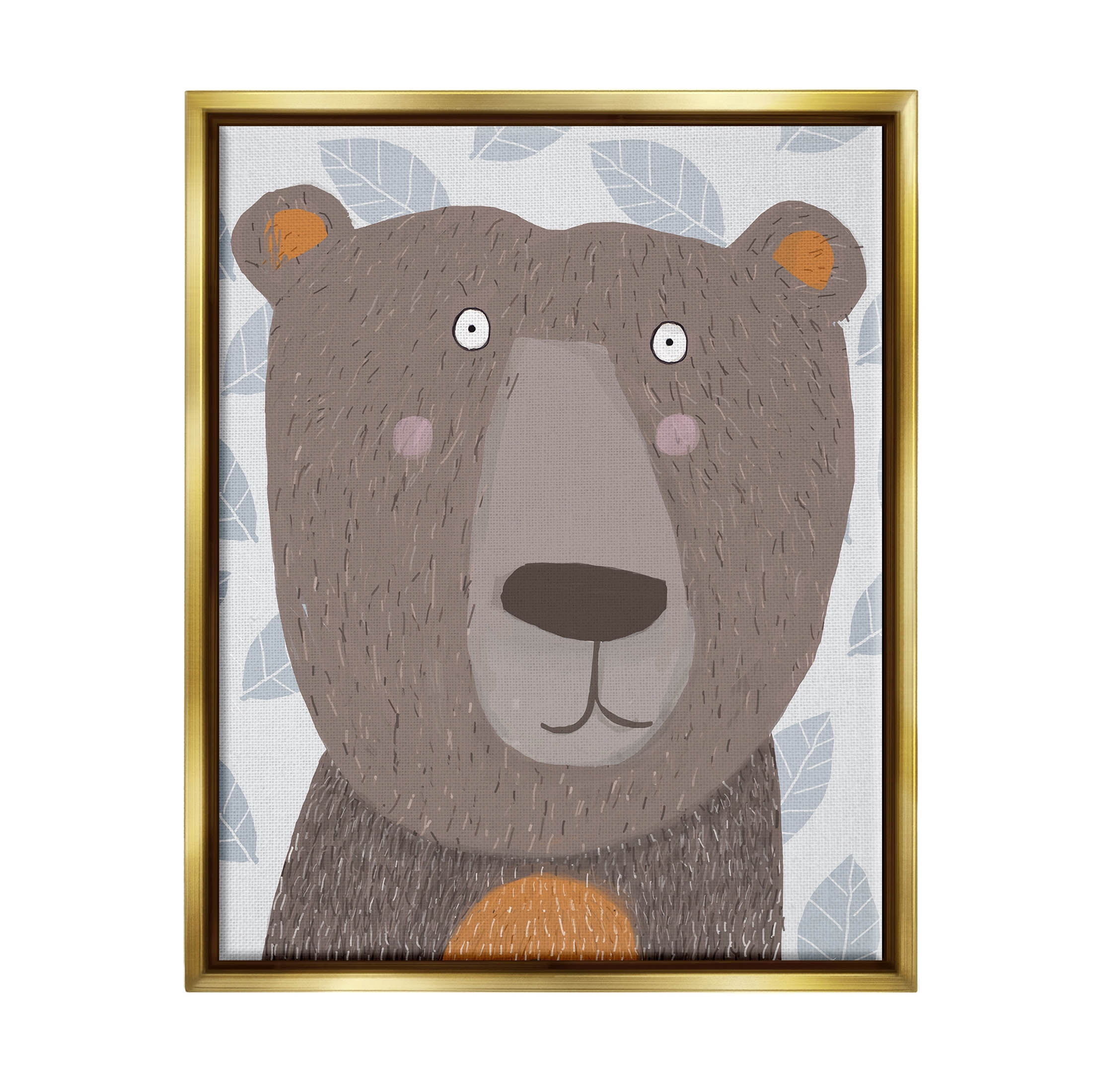 Stupell Industries Happy Brown Bear Leaf Pattern Graphic Art Metallic Gold Floating Framed Canvas Print Wall Art, Design by Carla Daly
