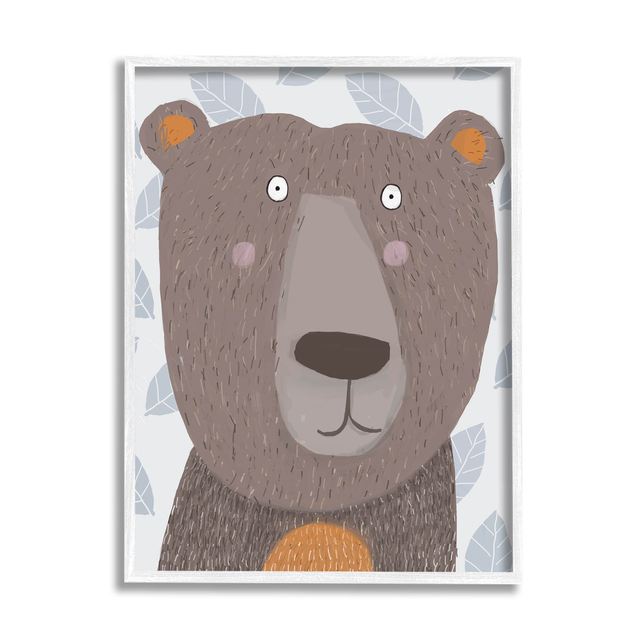 Stupell Industries Happy Brown Bear Leaf Pattern Graphic Art White Framed Art Print Wall Art, Design by Carla Daly