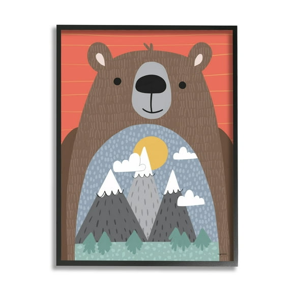 Stupell Industries Happy Brown Bear Mountain Range Landscape Belly Animals & Insects Painting Black Framed Art Print Wall Art, 11 x 14