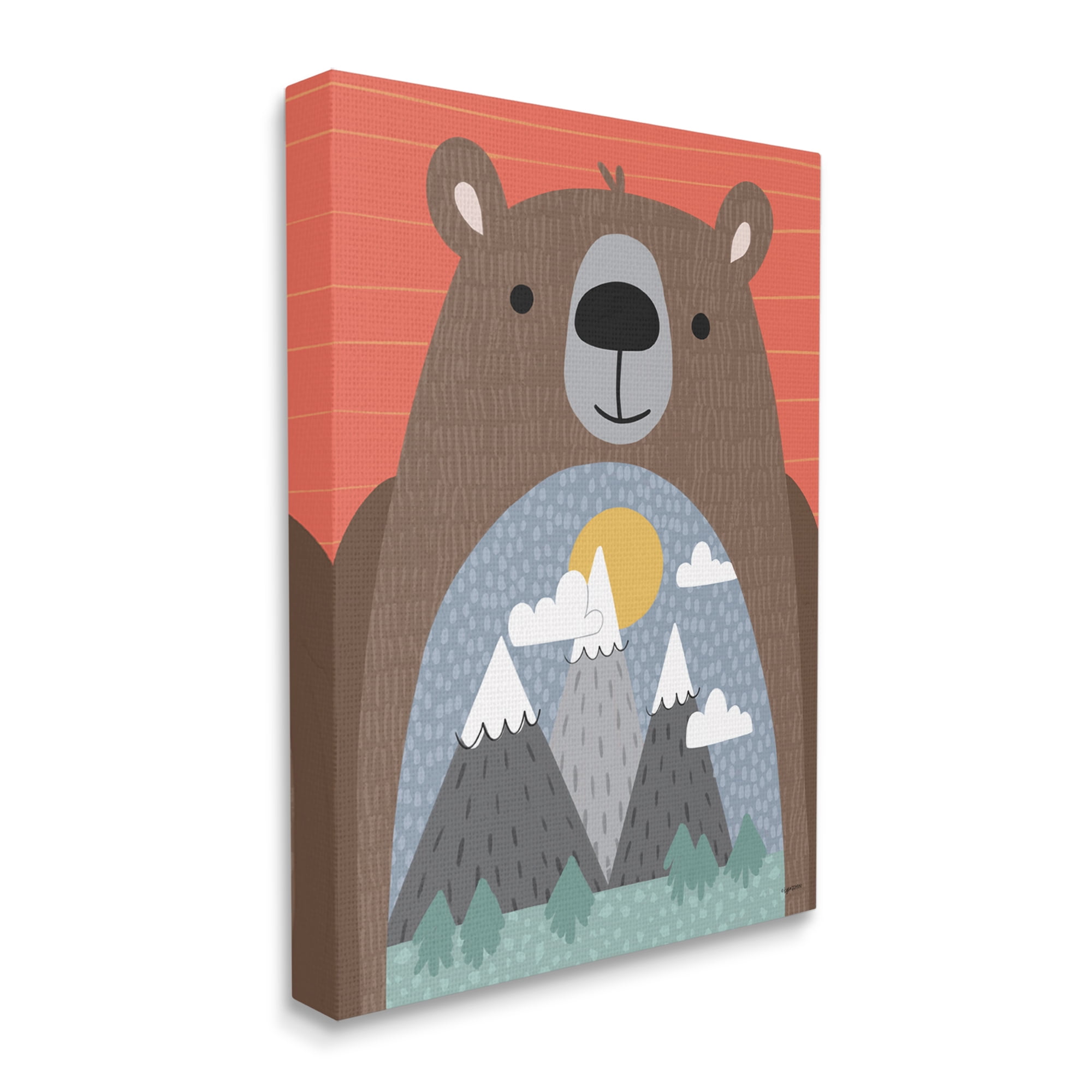 Stupell Industries Happy Brown Bear Mountain Range Landscape Belly Animals & Insects Painting Gallery Wrapped Canvas Print Wall Art, 24 x 30