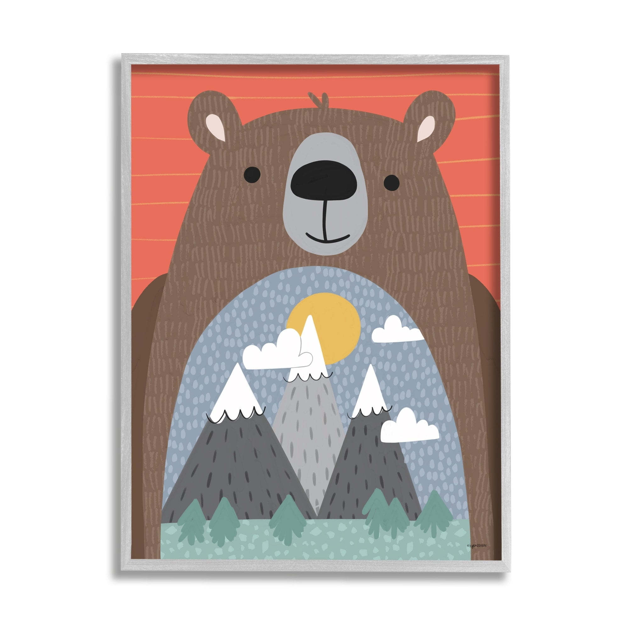 Stupell Industries Happy Brown Bear Mountain Range Landscape Belly Animals & Insects Painting Gray Framed Art Print Wall Art, 11 x 14