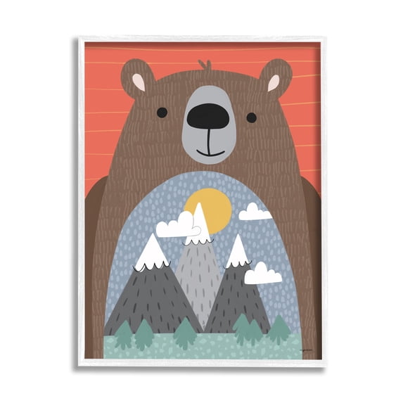 Stupell Industries Happy Brown Bear Mountain Range Landscape Belly Animals & Insects Painting White Framed Art Print Wall Art, 16 x 20