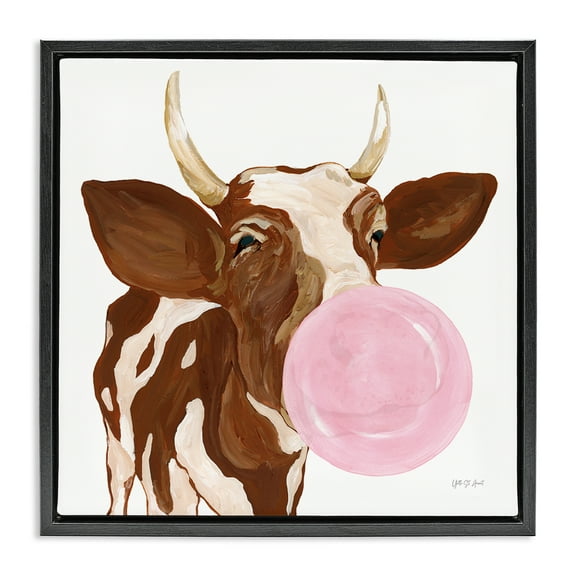 Stupell Industries Happy Bubblegum Cow Animals Painting Black Floater Framed Canvas Art Print Wall Art, 18 x 18