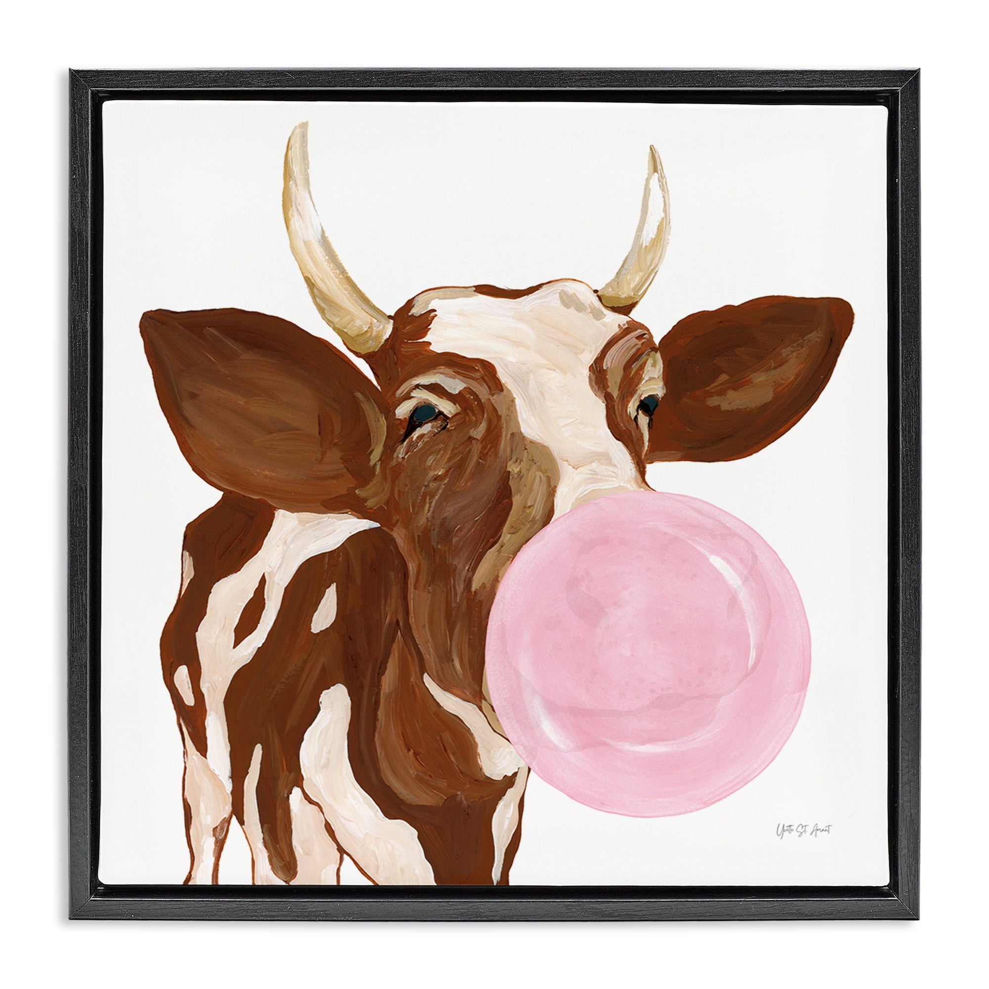 Stupell Industries Happy Bubblegum Cow Animals Painting Black Floater Framed Canvas Art Print Wall Art, 25 x 25