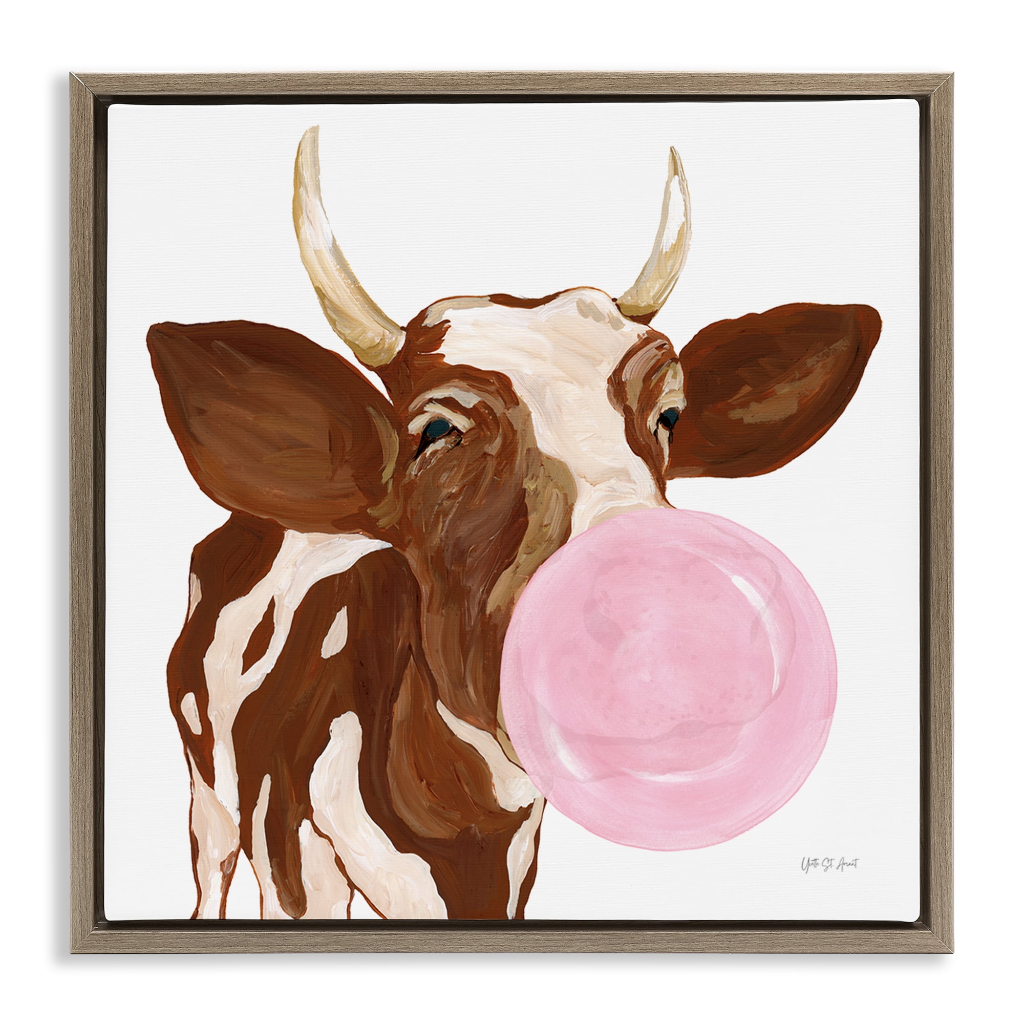 Stupell Industries Happy Bubblegum Cow Animals Painting Brown Floater Framed Canvas Art Print Wall Art, 25 x 25