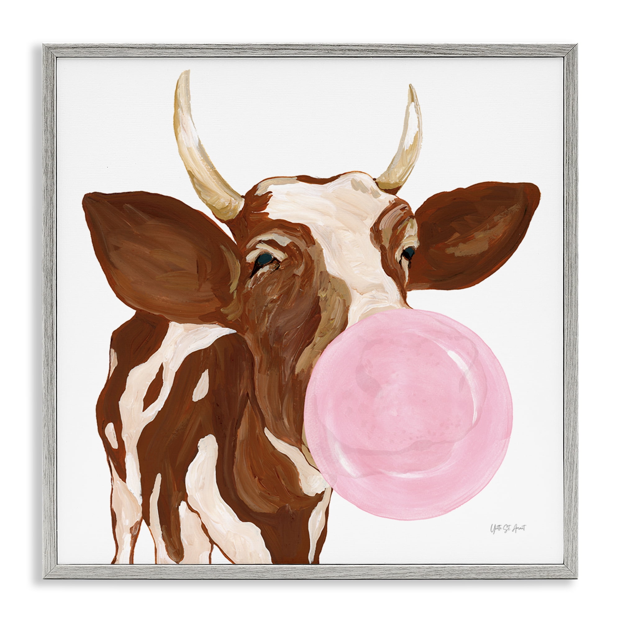 Stupell Industries Happy Bubblegum Cow Animals Painting Gray Framed Art Print Wall Art, 17 x 17