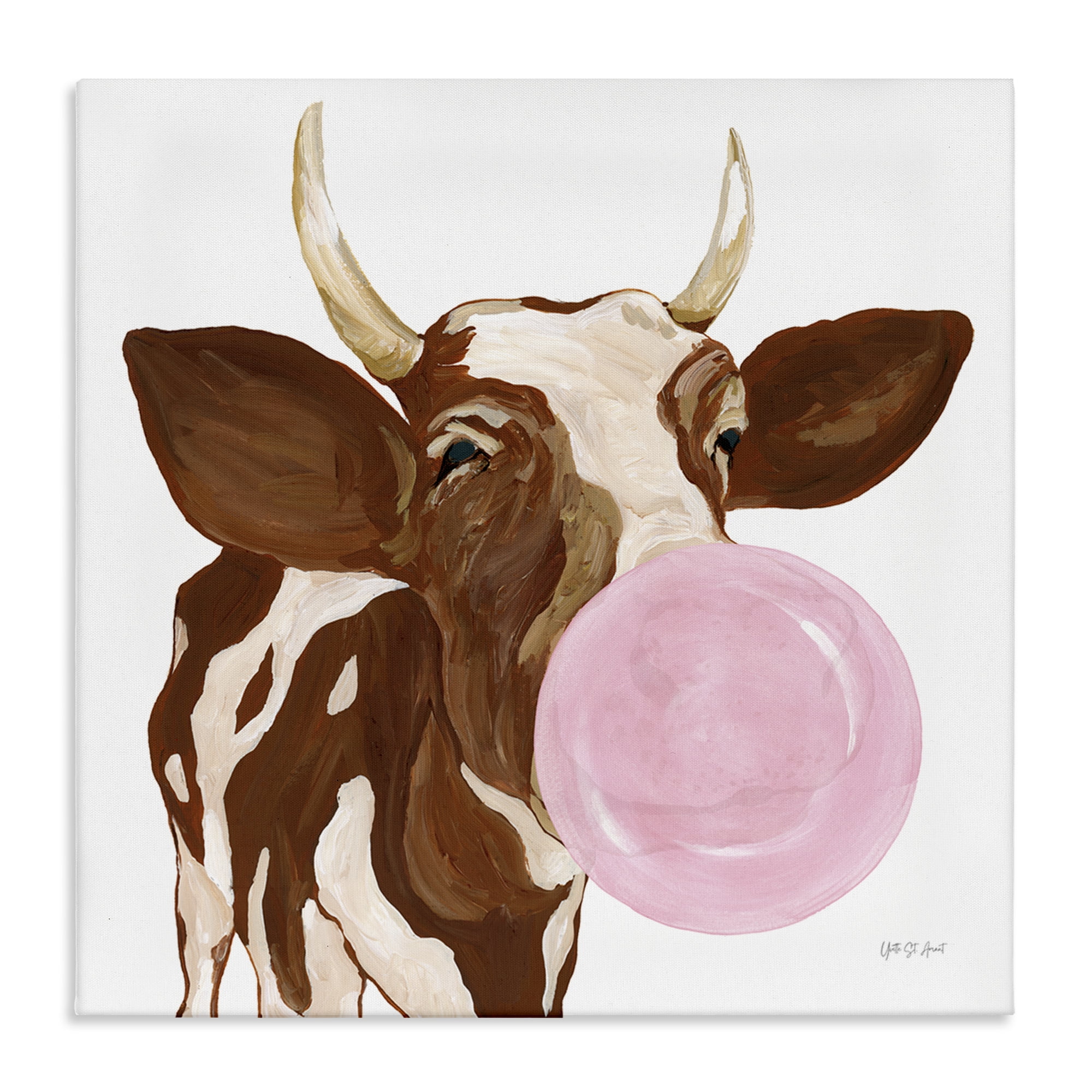 Stupell Industries Happy Bubblegum Cow Animals Painting Wrapped Canvas Art Print Wall Art, 24 x 24