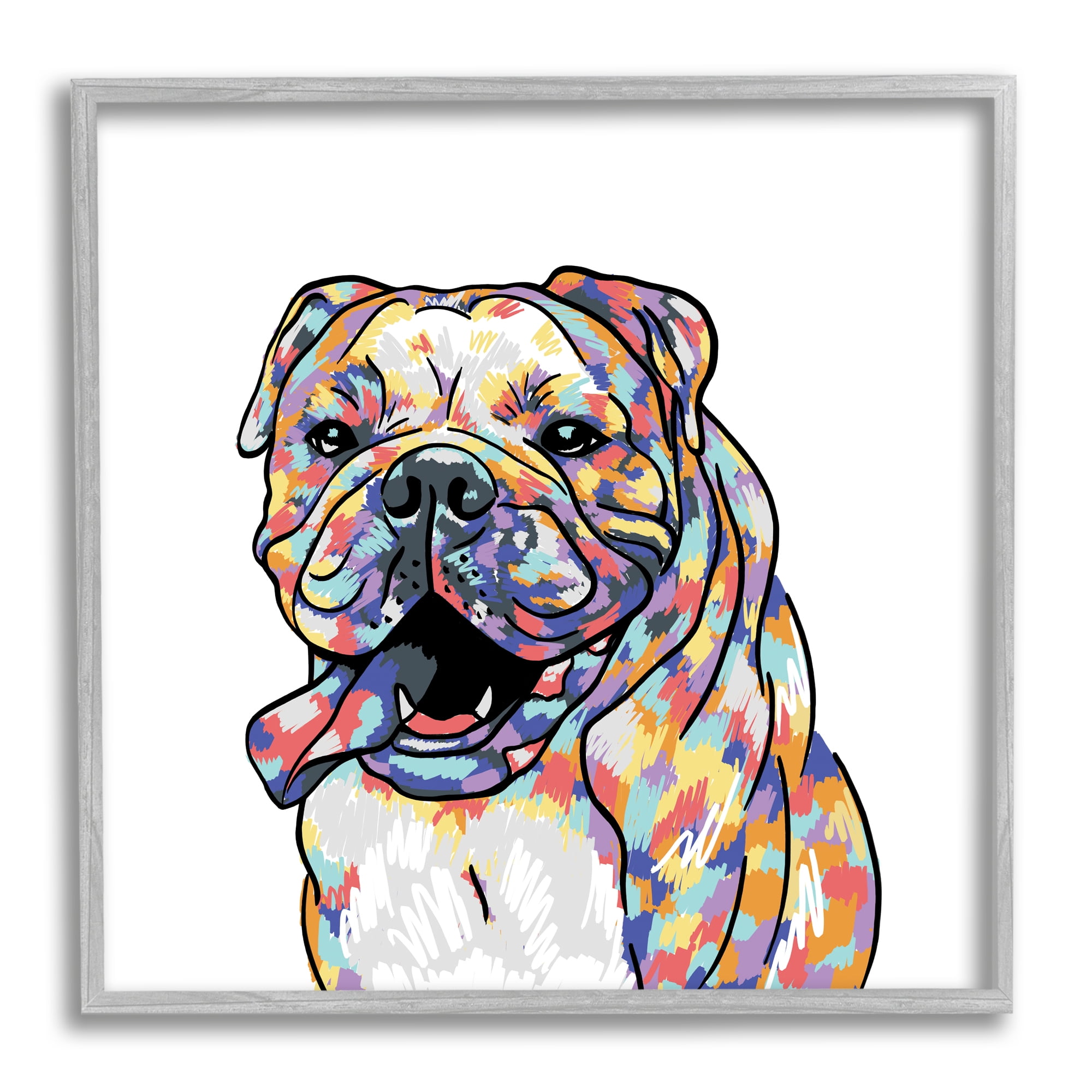 Stupell Industries Happy Bulldog Portrait Animals & Insects Painting Gray Framed Art Print Wall Art, 12 x 12