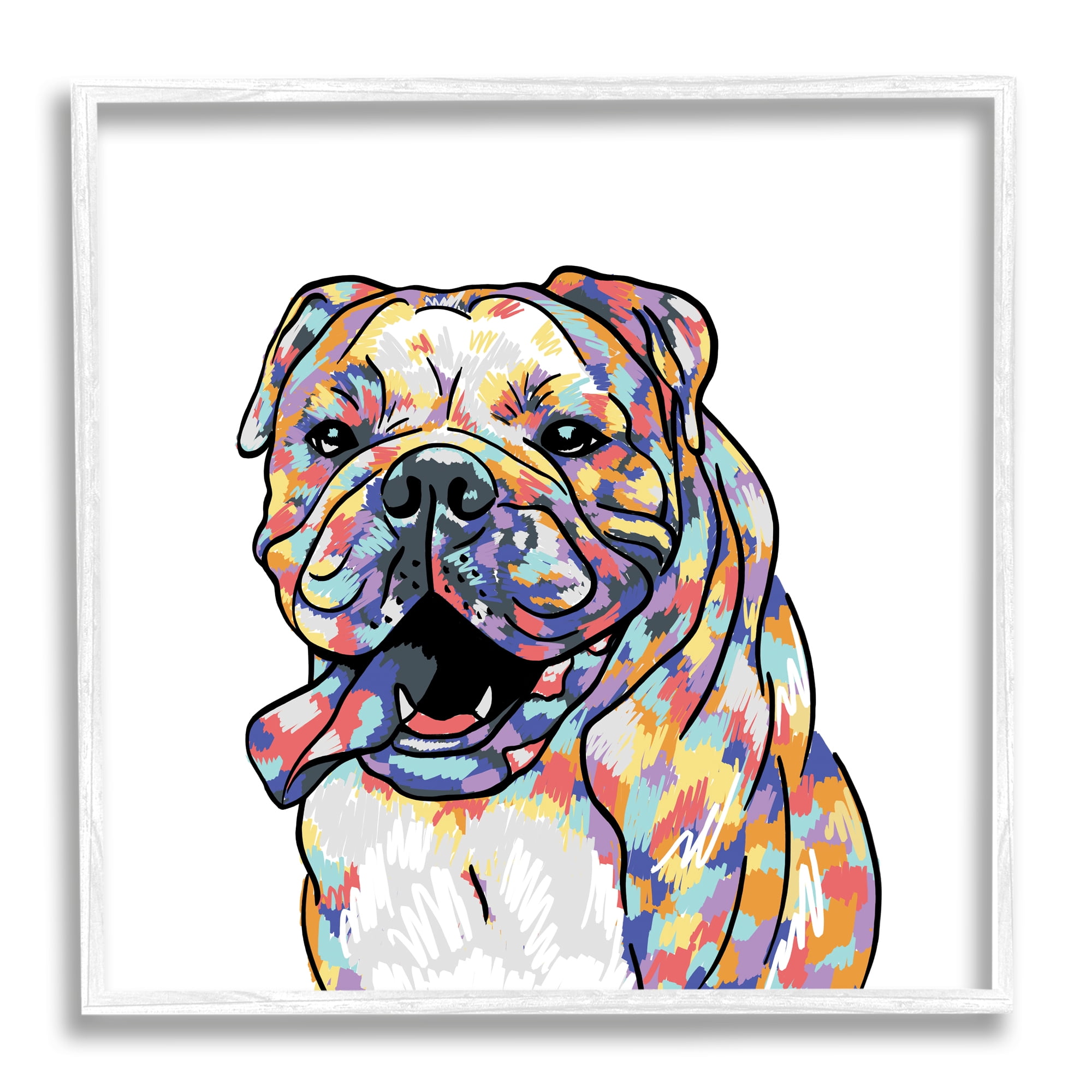 Stupell Industries Happy Bulldog Portrait Animals & Insects Painting White Framed Art Print Wall Art, 12 x 12
