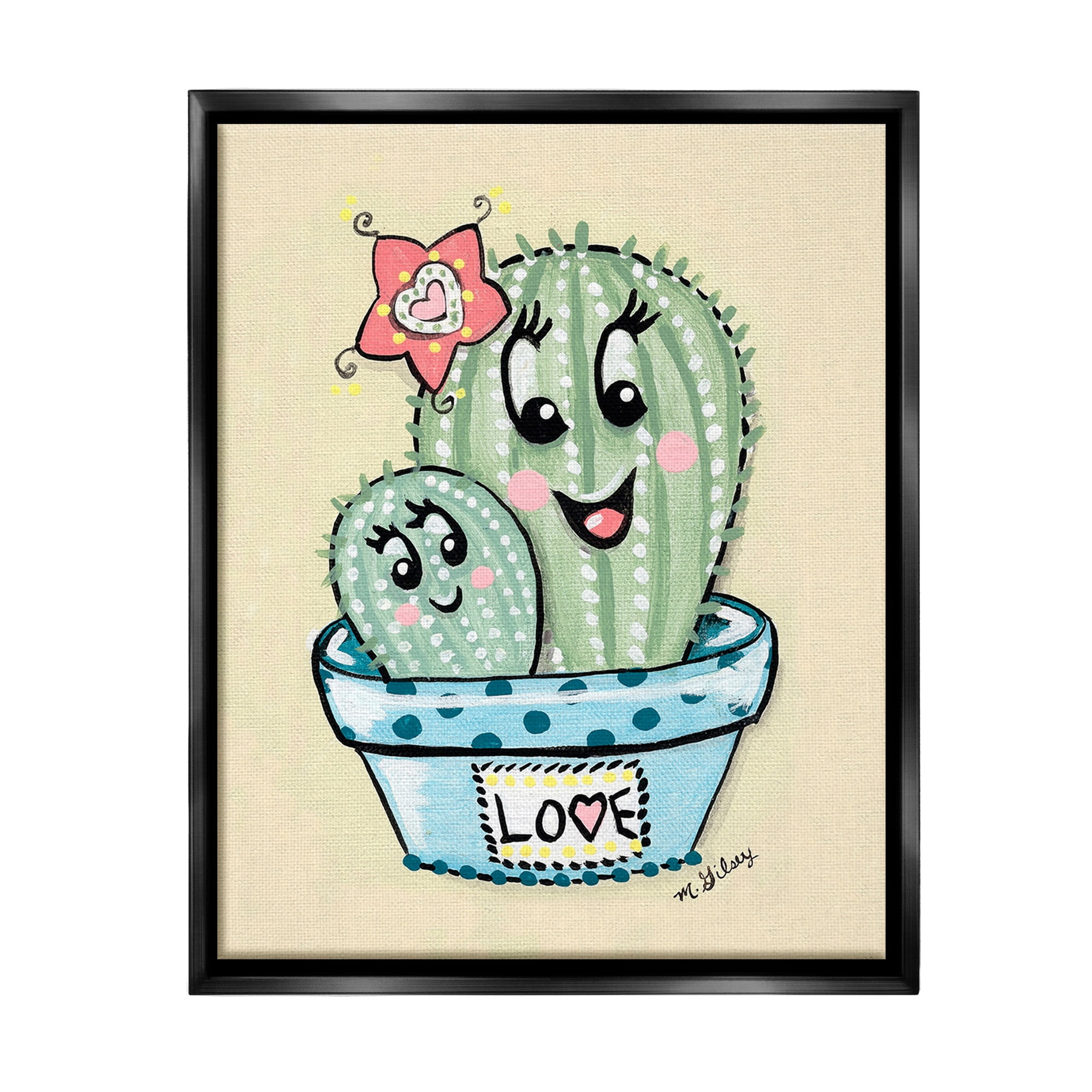 Stupell Industries Happy Cactus Plants Botanical & Floral Painting Black Floater Framed Canvas Art Print Wall Art, 25 x 31