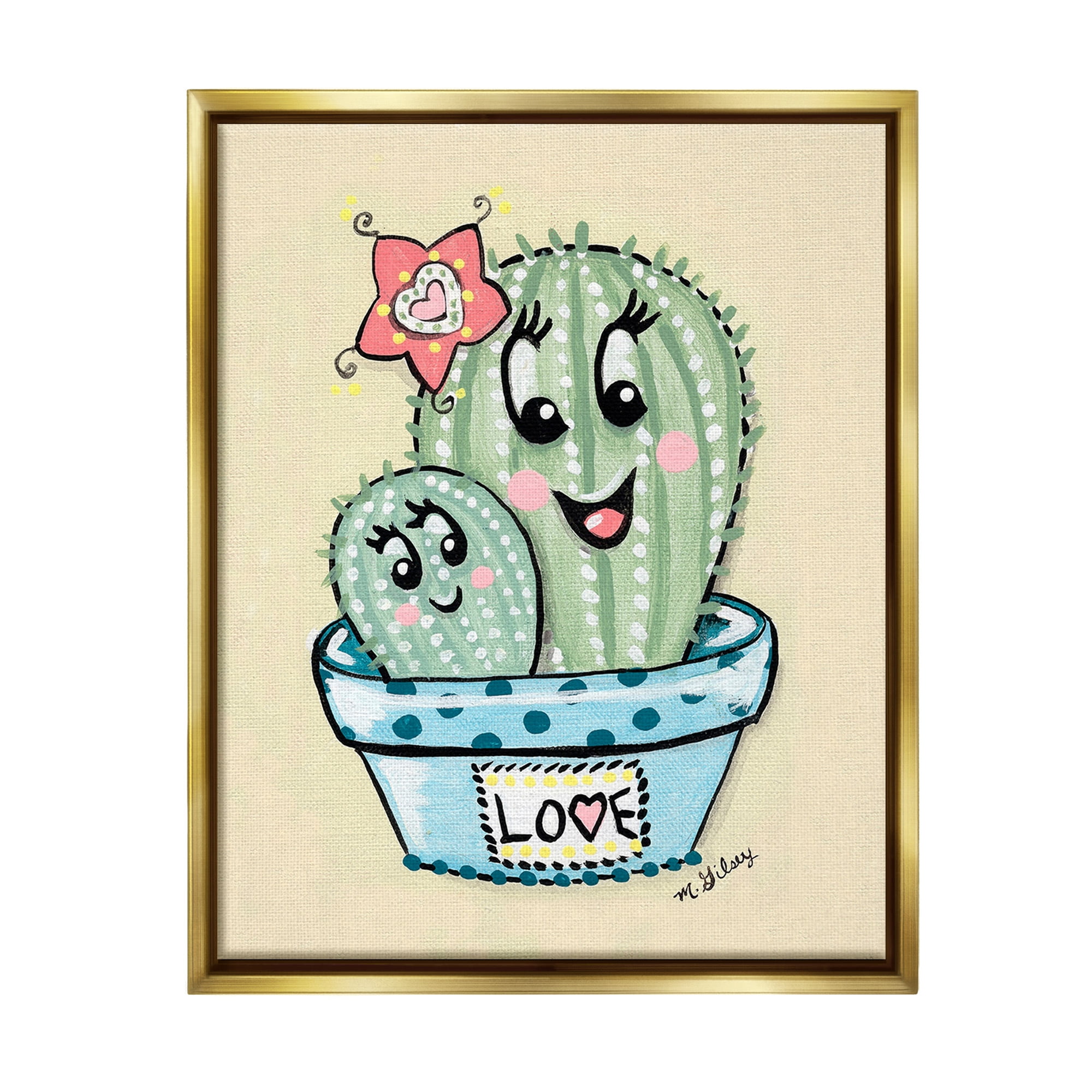 Stupell Industries Happy Cactus Plants Botanical & Floral Painting Gold Floater Framed Canvas Art Print Wall Art, 25 x 31
