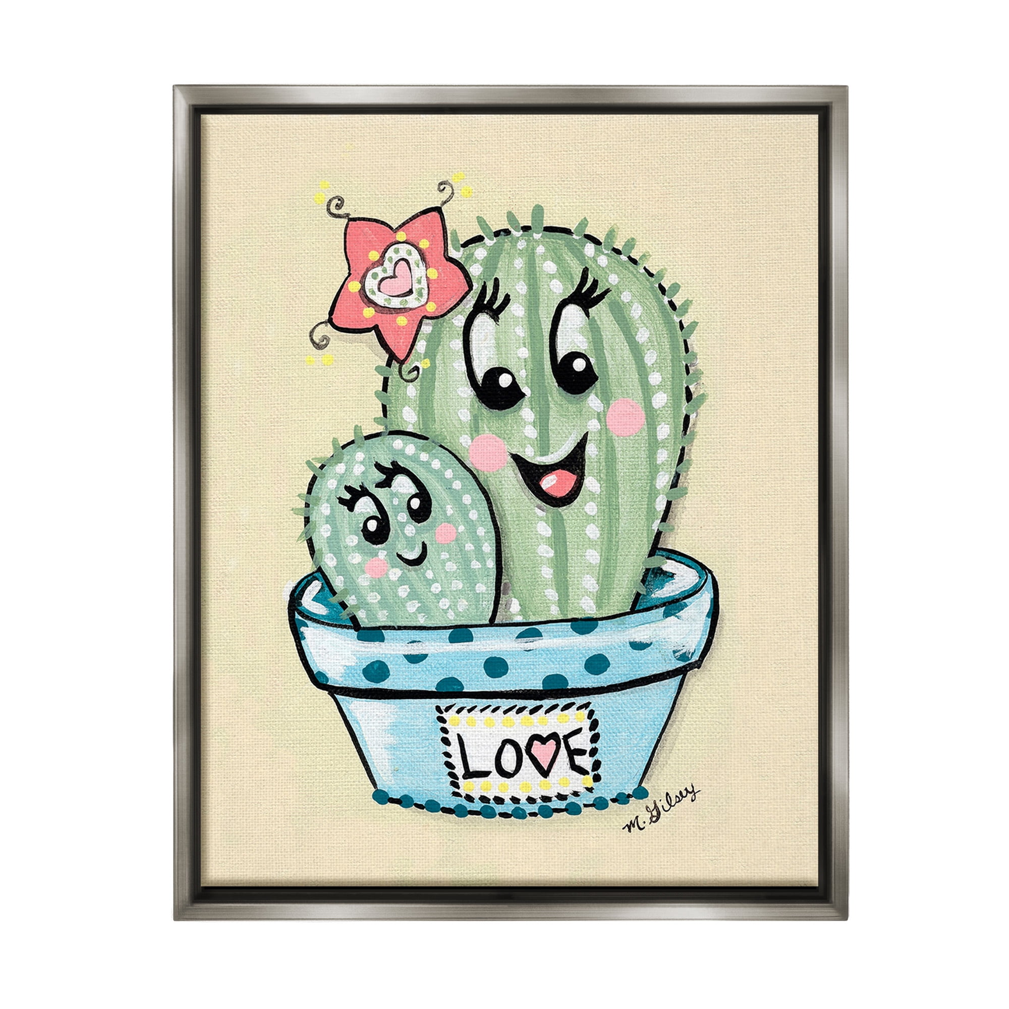 Stupell Industries Happy Cactus Plants Botanical & Floral Painting Gray Floater Framed Canvas Art Print Wall Art, 25 x 31
