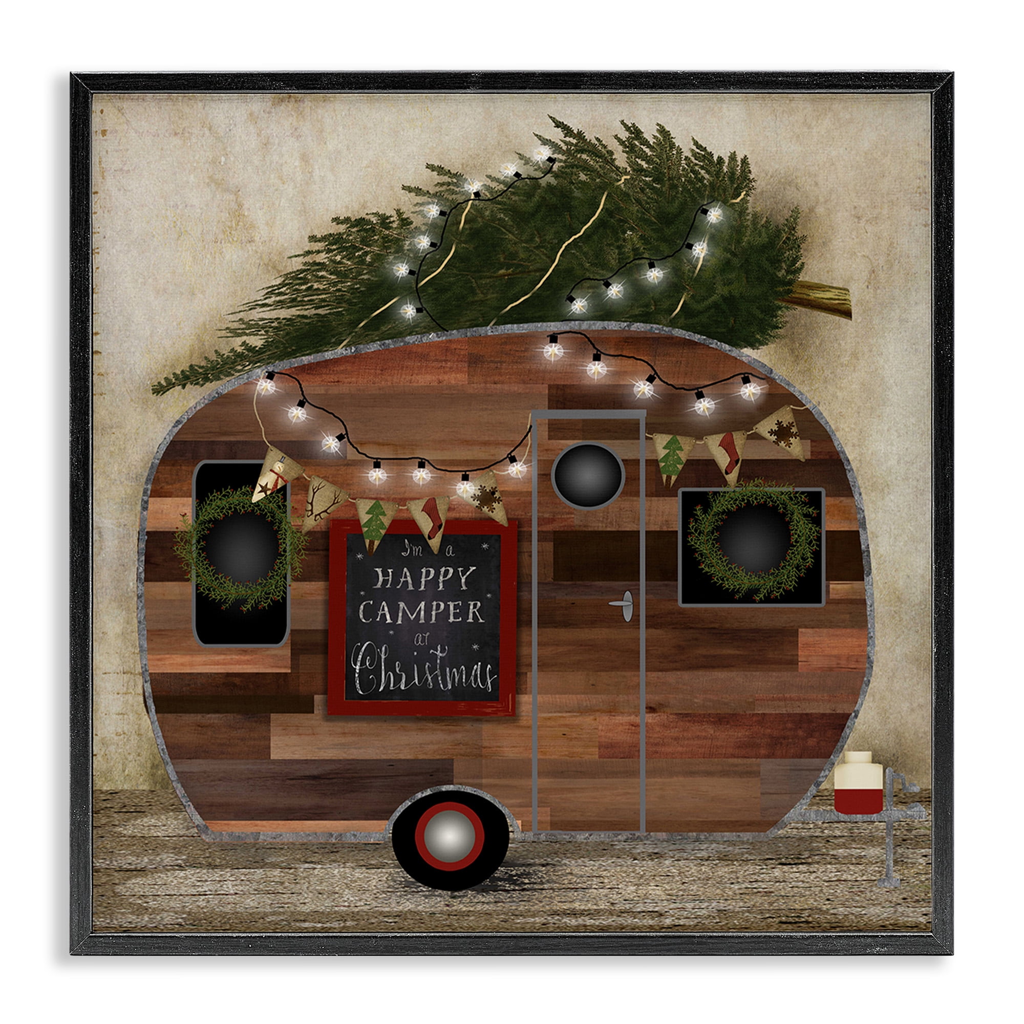 Stupell Industries Happy Camper At Christmas Holiday Painting Black Framed Art Print Wall Art, 24 x 24