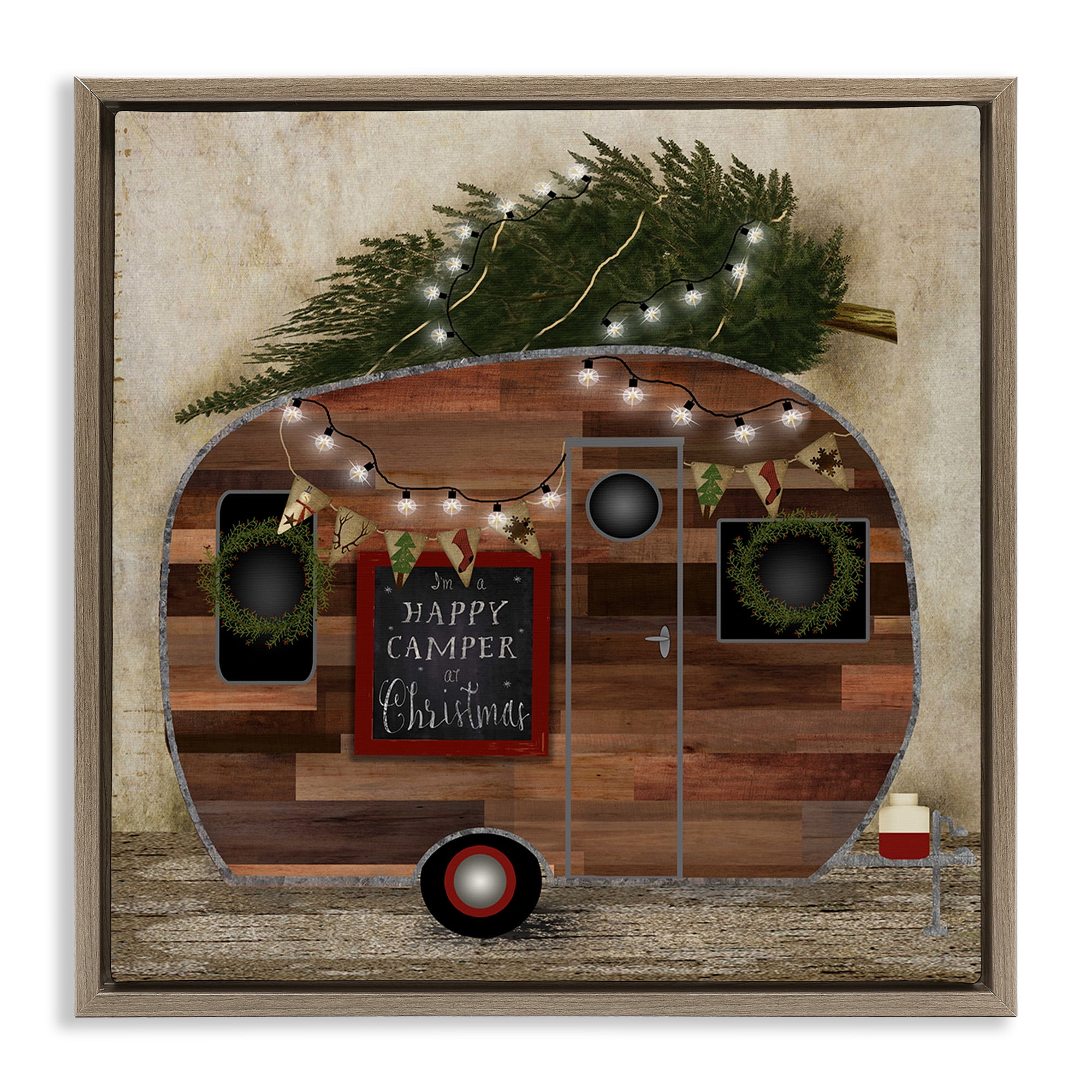 Stupell Industries Happy Camper At Christmas Holiday Painting Brown Floater Framed Canvas Art Print Wall Art, 25 x 25