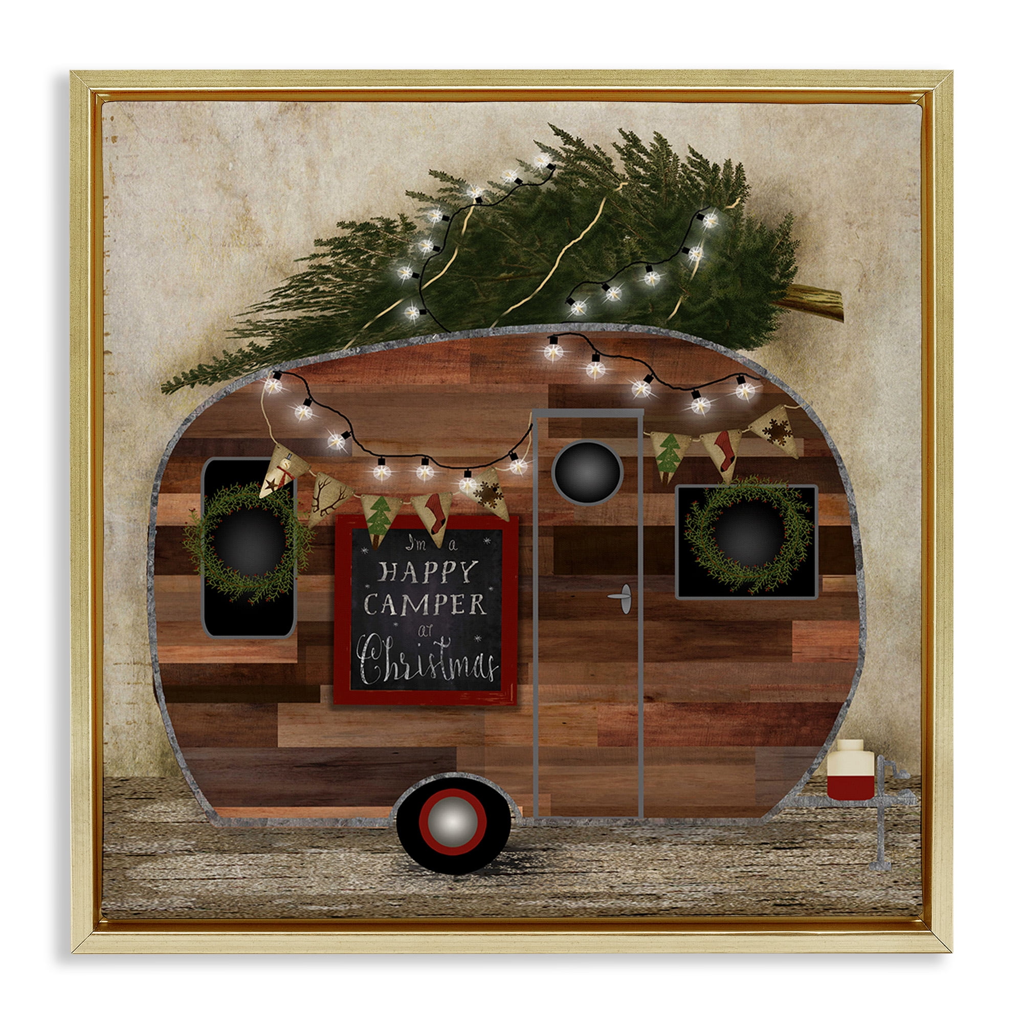 Stupell Industries Happy Camper At Christmas Holiday Painting Gold Floater Framed Canvas Art Print Wall Art, 25 x 25