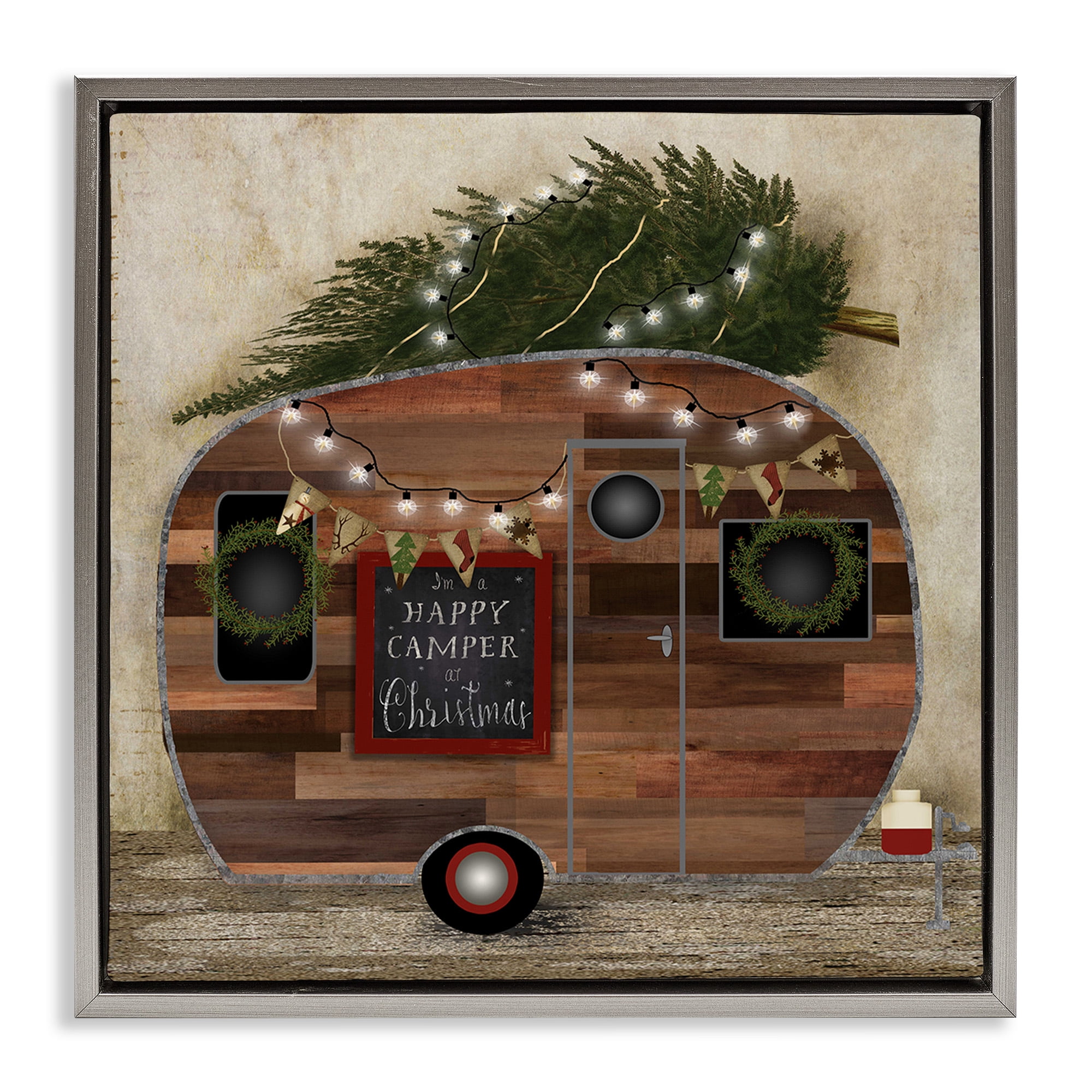 Stupell Industries Happy Camper At Christmas Holiday Painting Gray Floater Framed Canvas Art Print Wall Art, 18 x 18