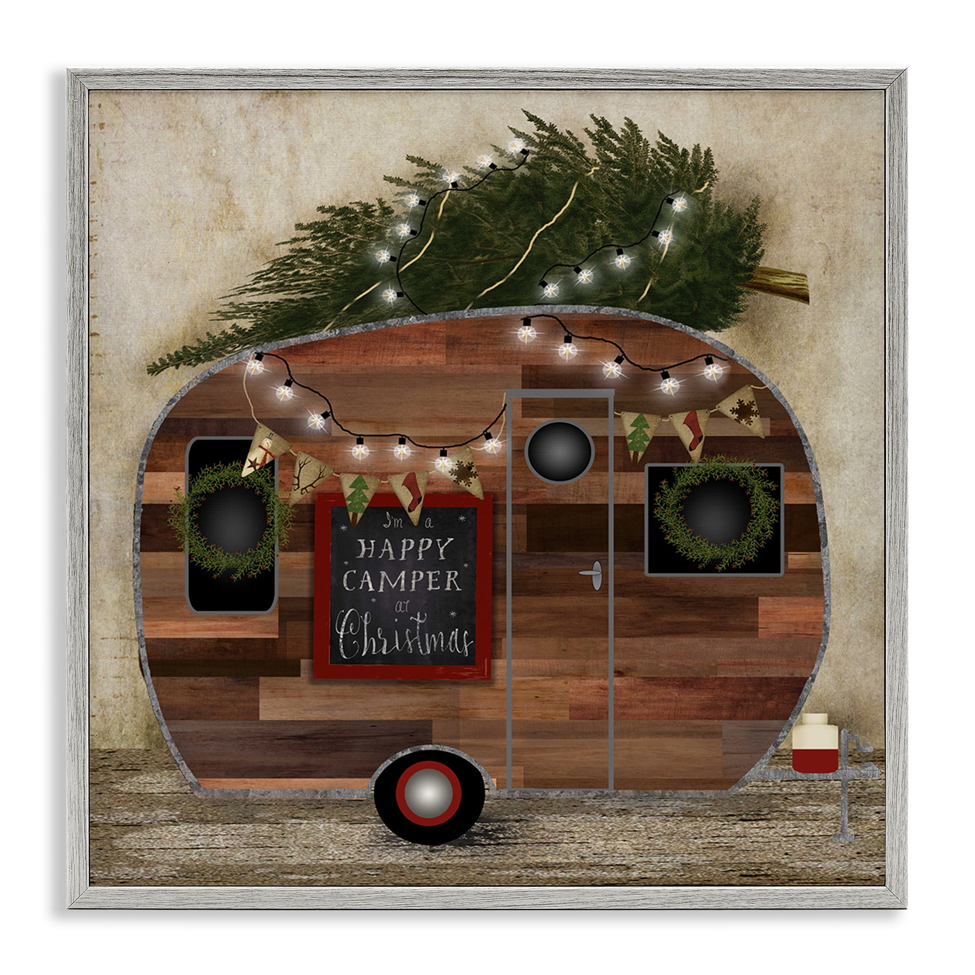Stupell Industries Happy Camper At Christmas Holiday Painting Gray Framed Art Print Wall Art, 24 x 24