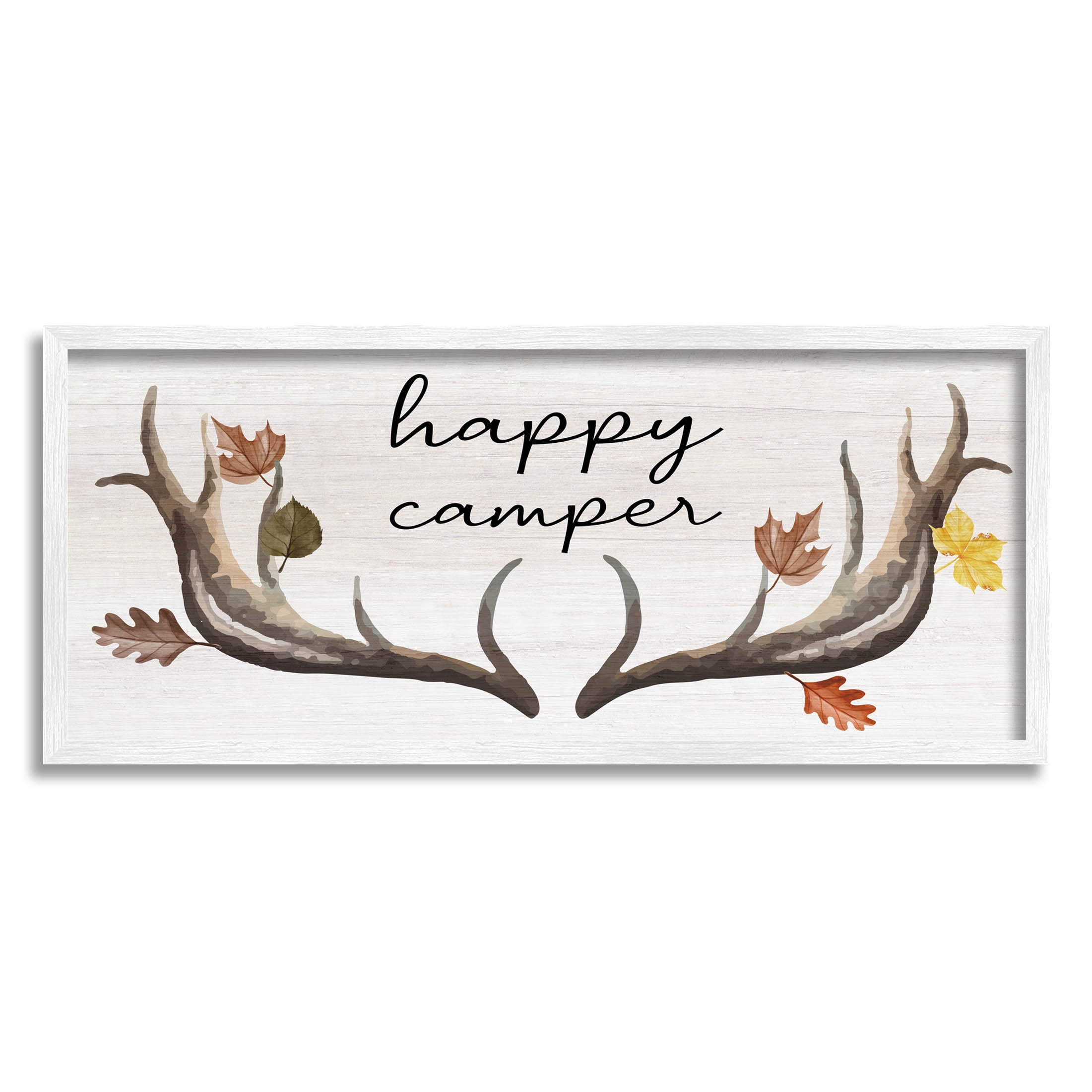 Stupell Industries Happy Camper Autumnal Antlers Graphic Art White Framed Art Print Wall Art, Design by Lil' Rue