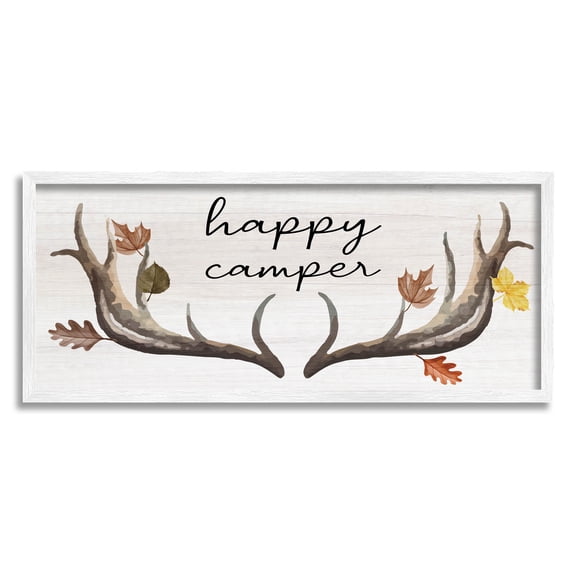 Stupell Industries Happy Camper Autumnal Antlers Graphic Art White Framed Art Print Wall Art, Design by Lil' Rue