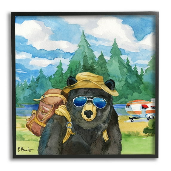 Stupell Industries Happy Camper Black Beer Hiker Painting Black Framed Art Print Wall Art, Design by Paul Brent