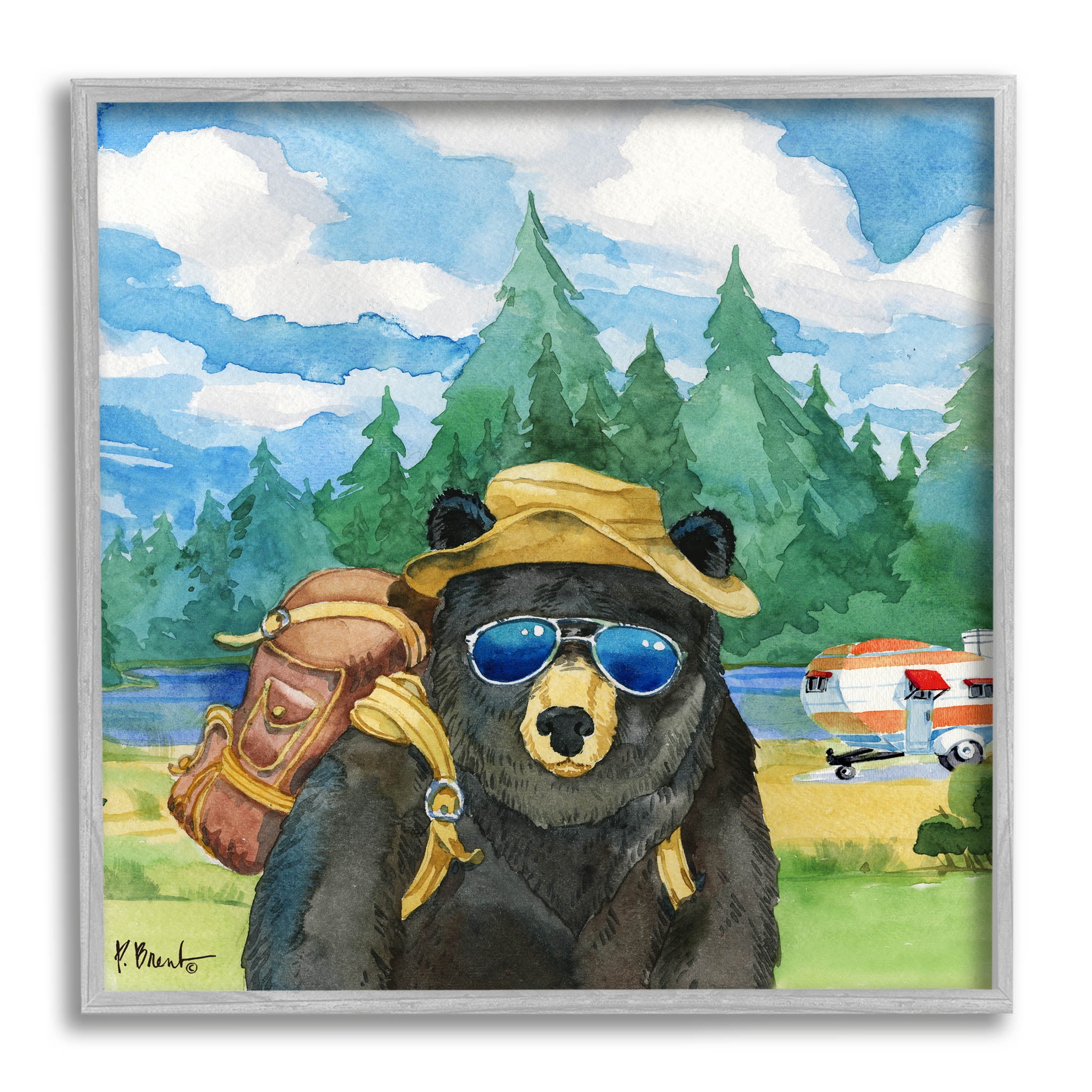 Stupell Industries Happy Camper Black Beer Hiker Painting Gray Framed Art Print Wall Art, Design by Paul Brent