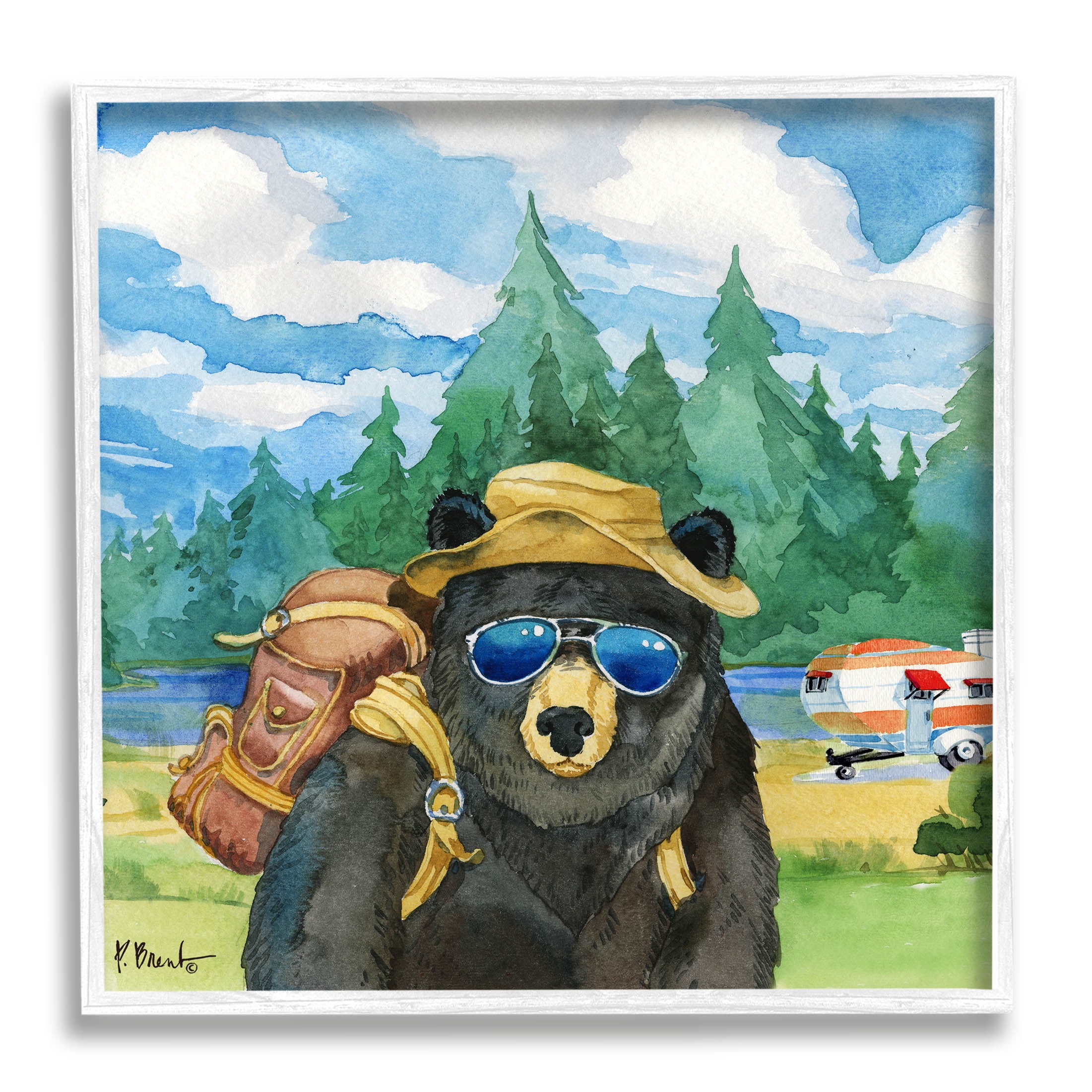 Stupell Industries Happy Camper Black Beer Hiker Painting White Framed Art Print Wall Art, Design by Paul Brent