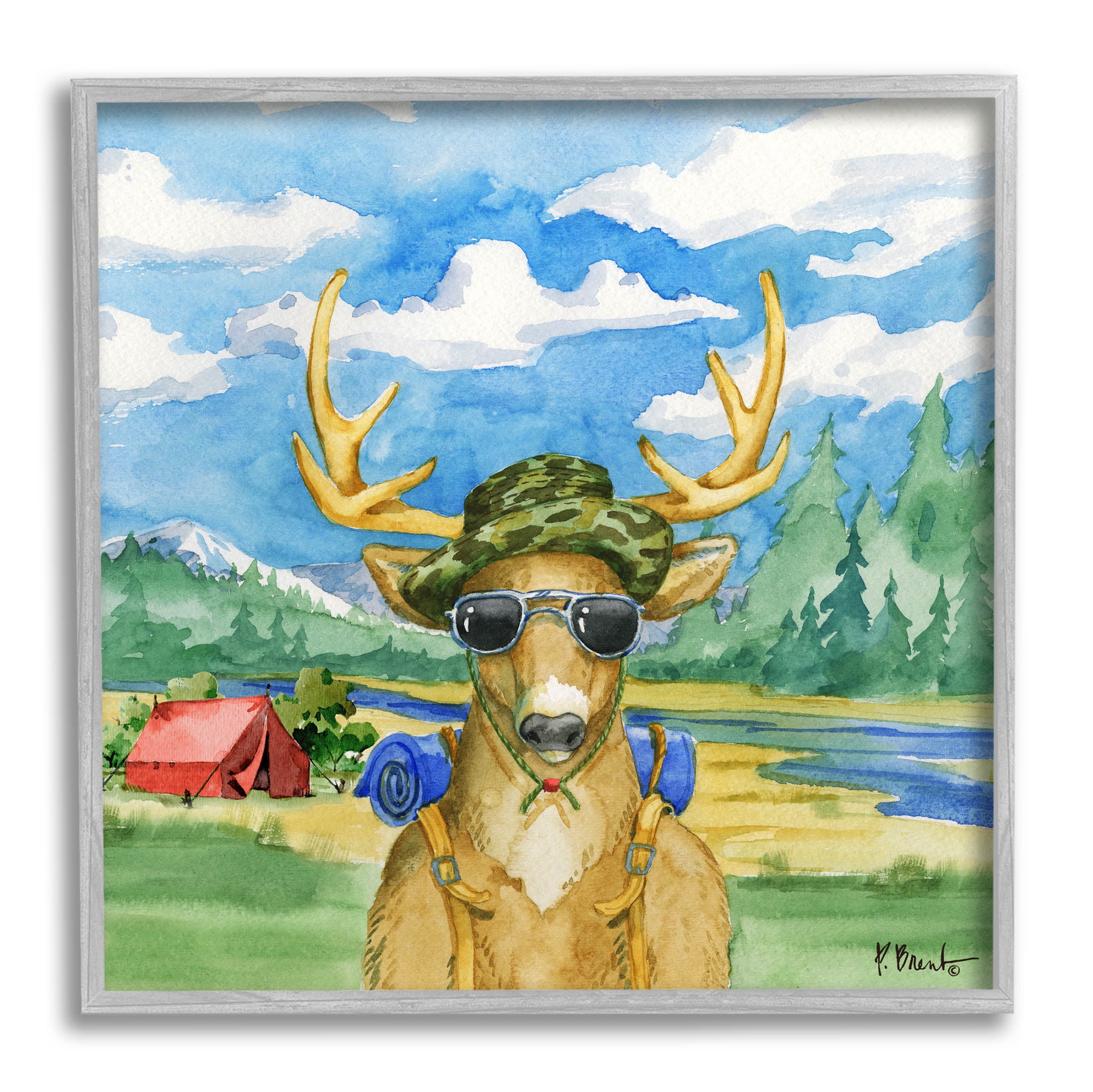 Stupell Industries Happy Camper Deer Forest Hike Painting Gray Framed Art Print Wall Art, Design by Paul Brent